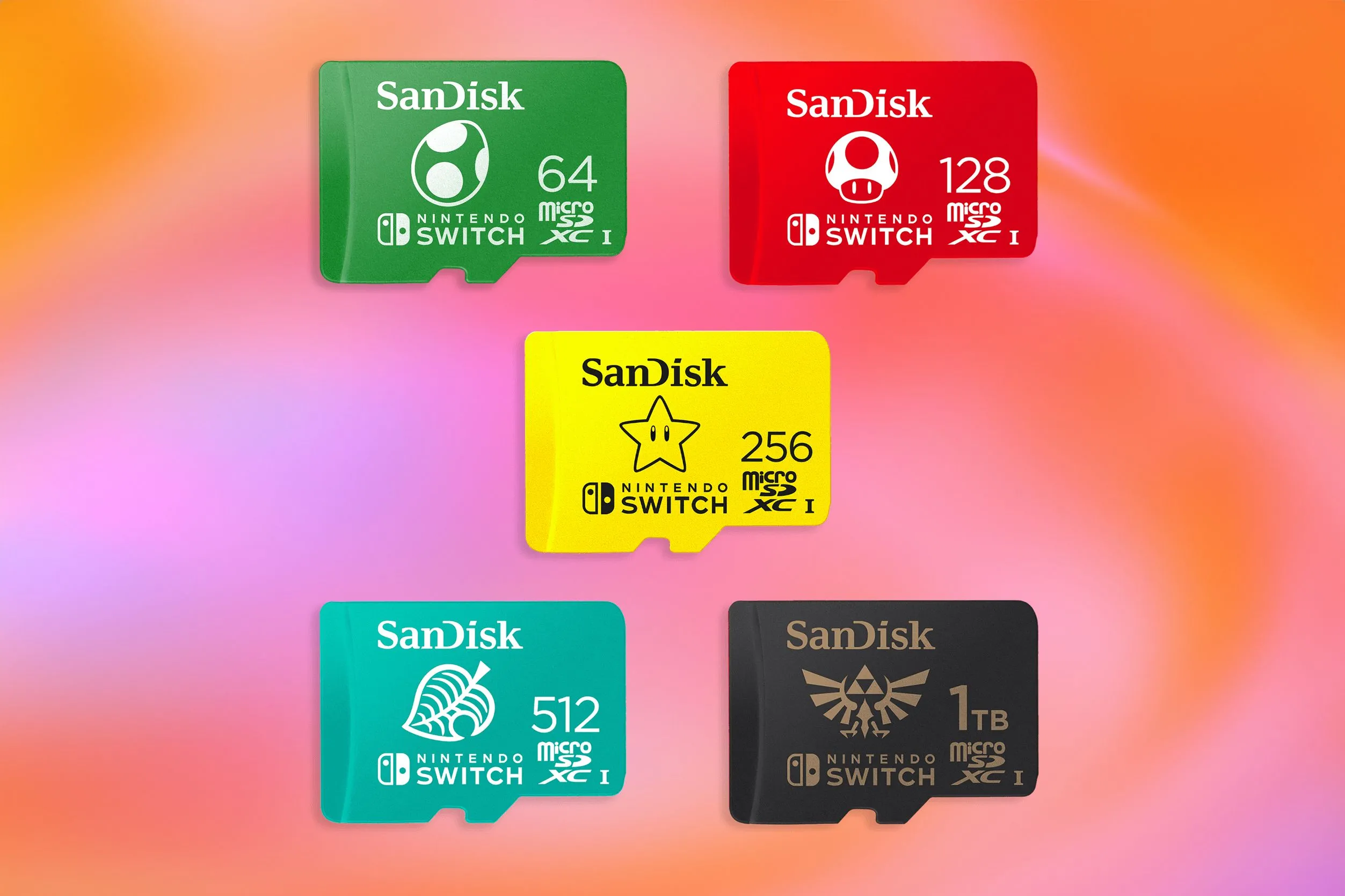 Các thẻ nhớ MicroSD Express có logo Nintendo Switch để mở rộng dung lượng lưu trữ game