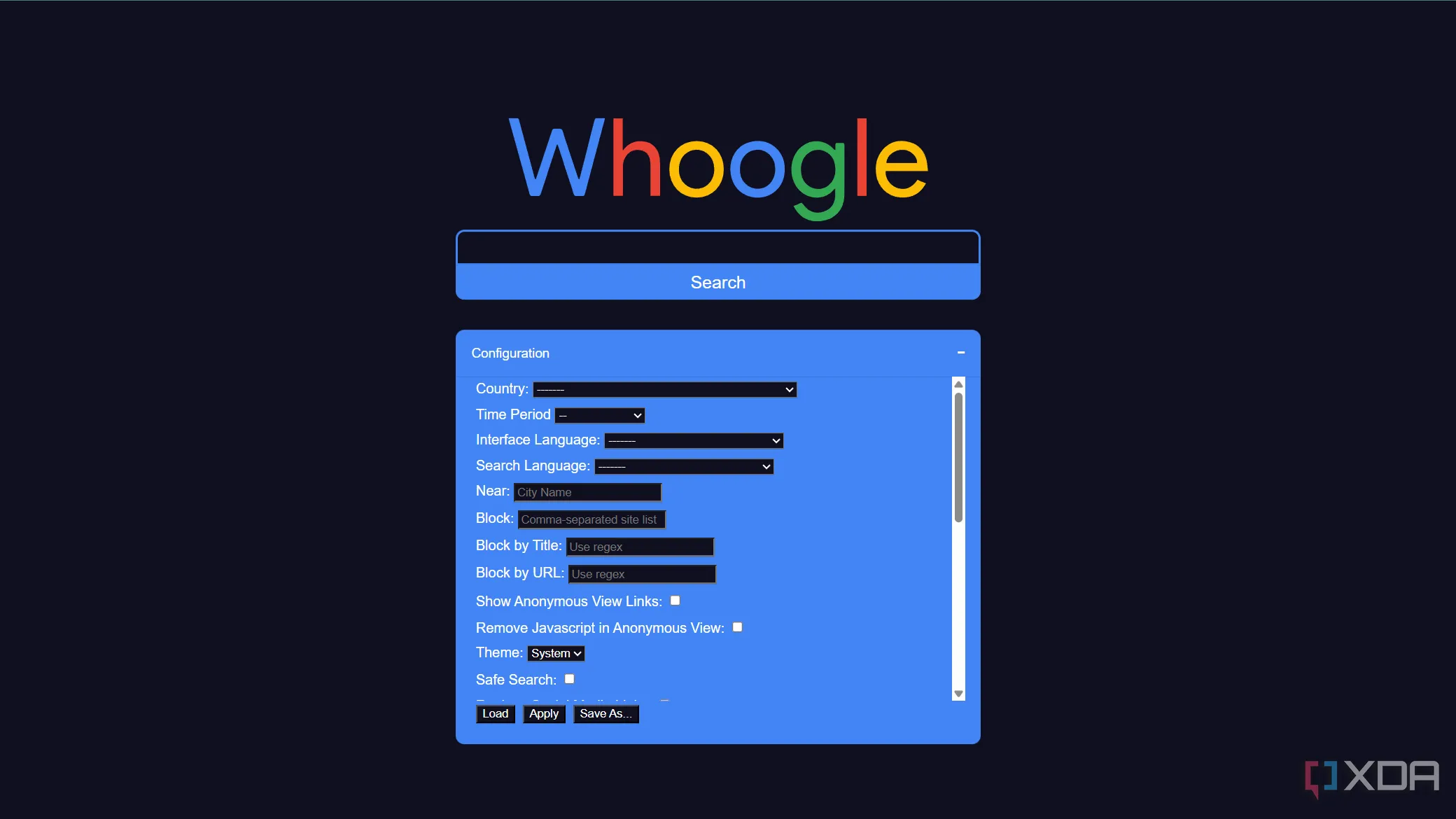 Các tùy chọn cấu hình tìm kiếm trong Whoogle, cho phép tùy chỉnh trải nghiệm người dùng.