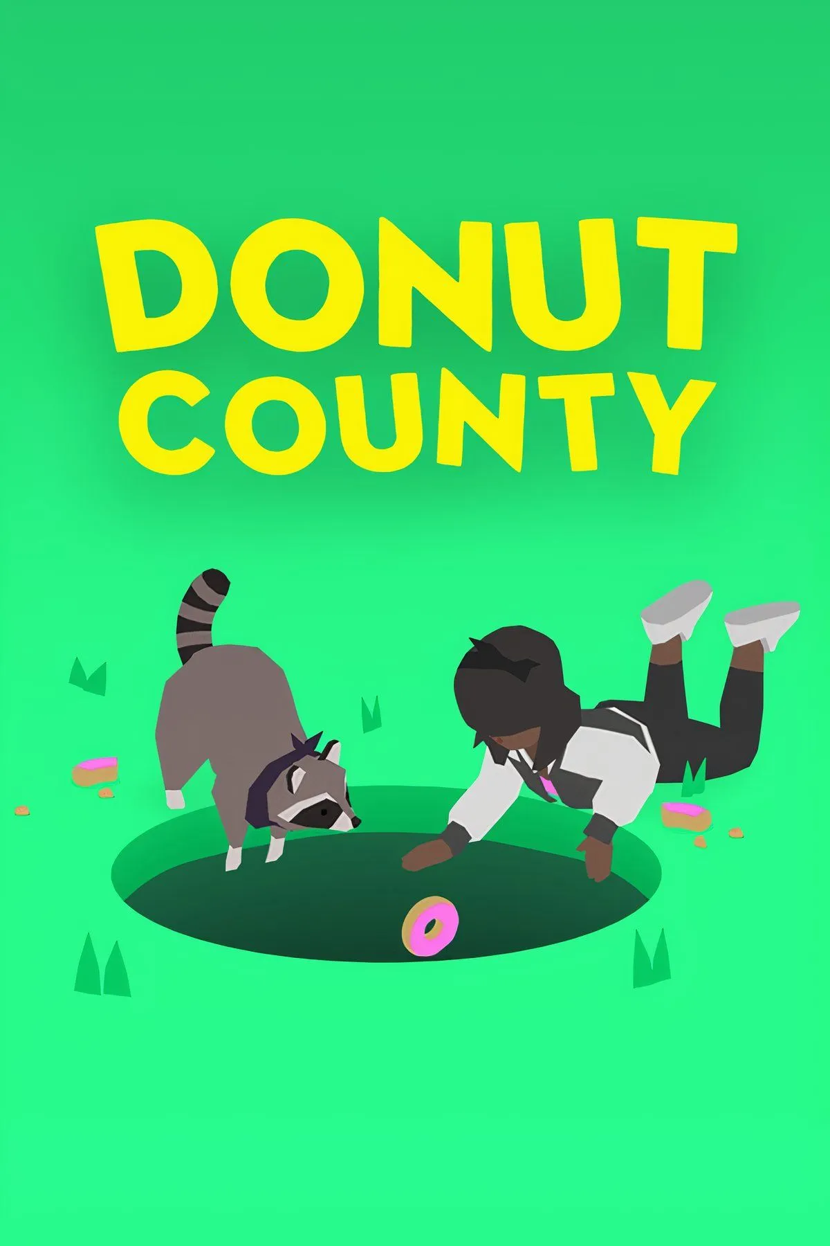 Cái hố bí ẩn trong Donut County đang nuốt chửng các vật thể, minh họa gameplay giải đố dựa trên vật lý