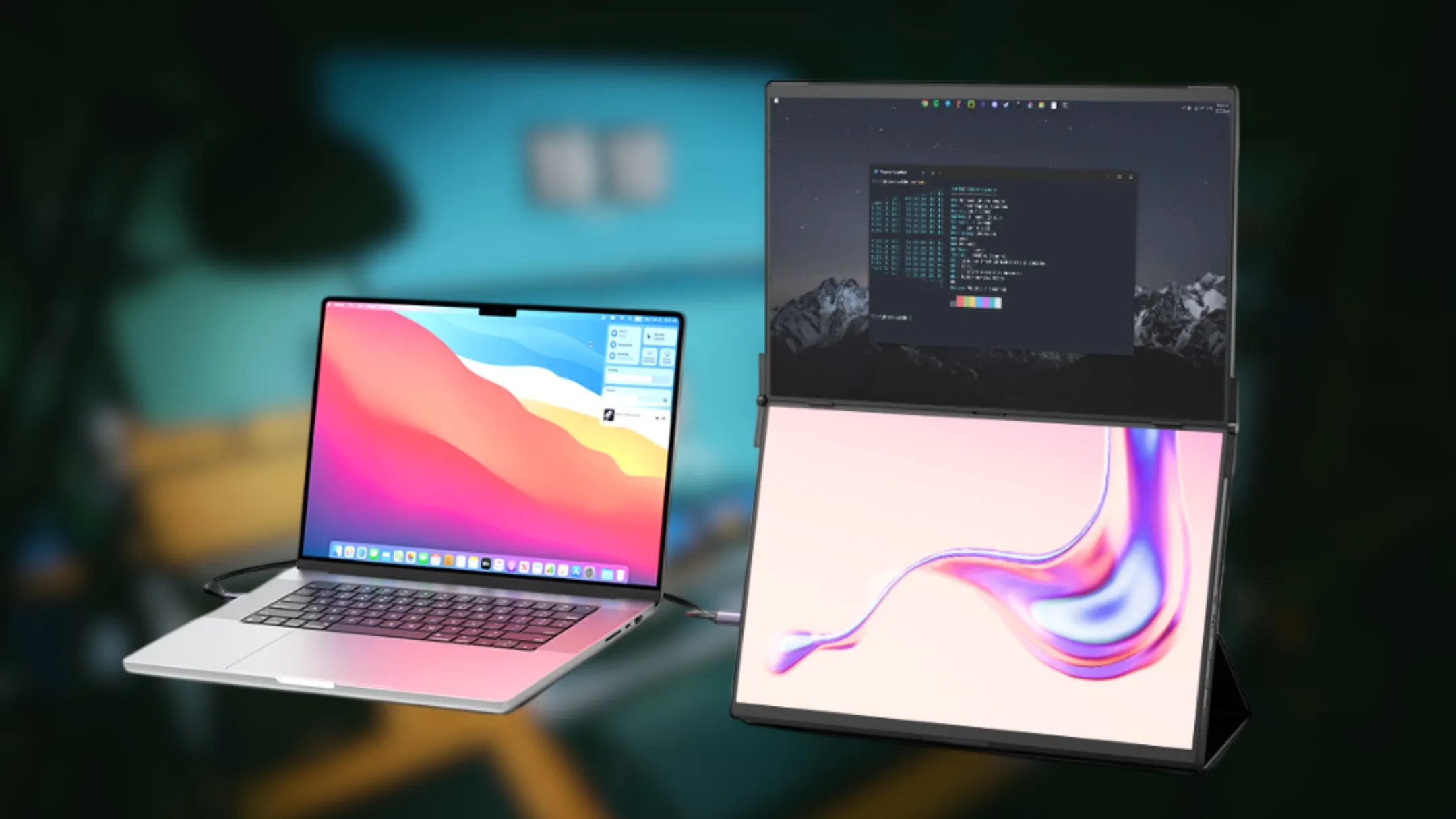 Cận cảnh màn hình di động kép Jsaux FlipGo 16 inch, hiển thị các cổng kết nối USB-C, USB-A và Mini HDMI cùng bản lề chắc chắn.