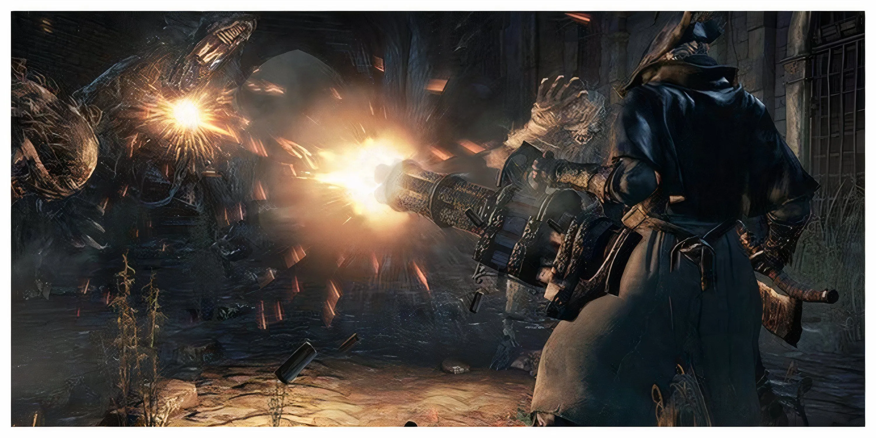 Cảnh cận cảnh thợ săn Bloodborne sử dụng vũ khí và khẩu súng ngắn để gây choáng kẻ thù