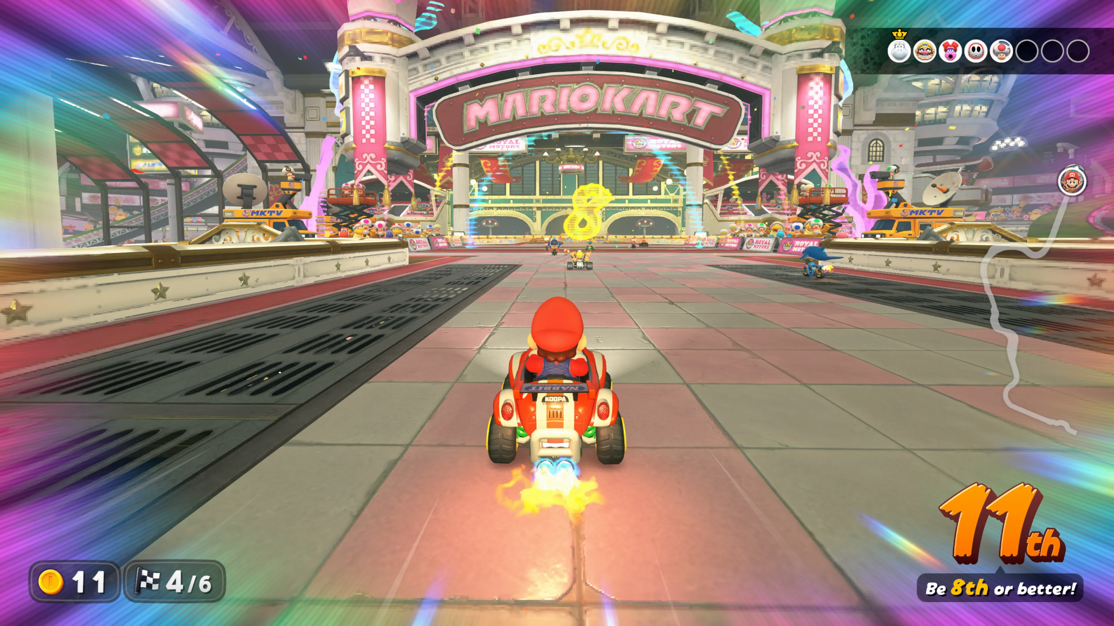 Cảnh chơi Mario Kart World trên Nintendo Switch 2 với hiệu ứng hình ảnh sống động