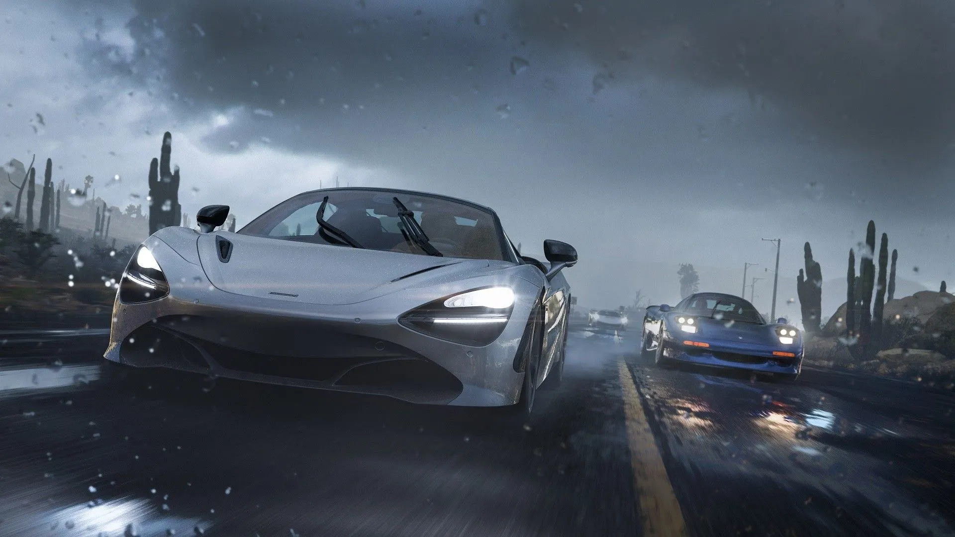 Cảnh đua xe kịch tính trong Forza Horizon 5 với hiệu ứng mưa chân thực, thể hiện trải nghiệm giải trí arcade tuyệt vời trên Steam Deck.
