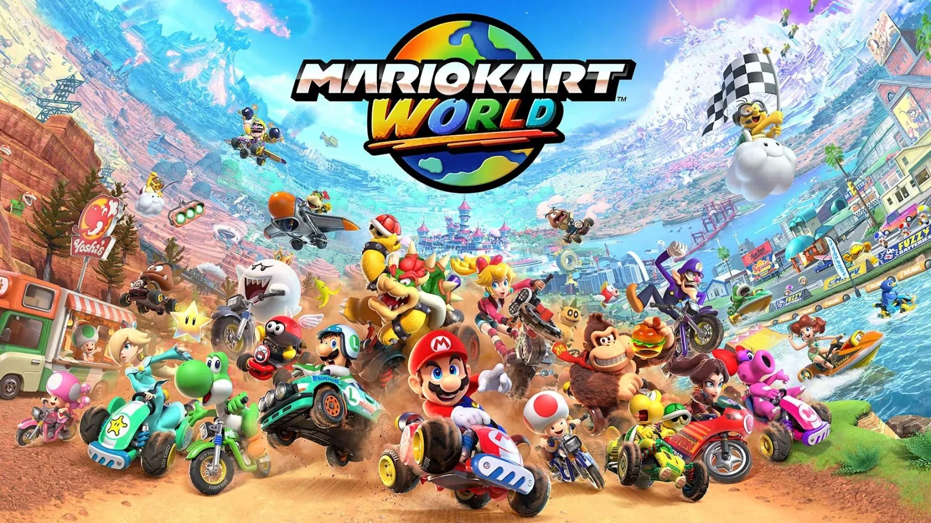 Cảnh đua xe vui nhộn trong Mario Kart World, giới thiệu các nhân vật và đường đua đầy màu sắc.