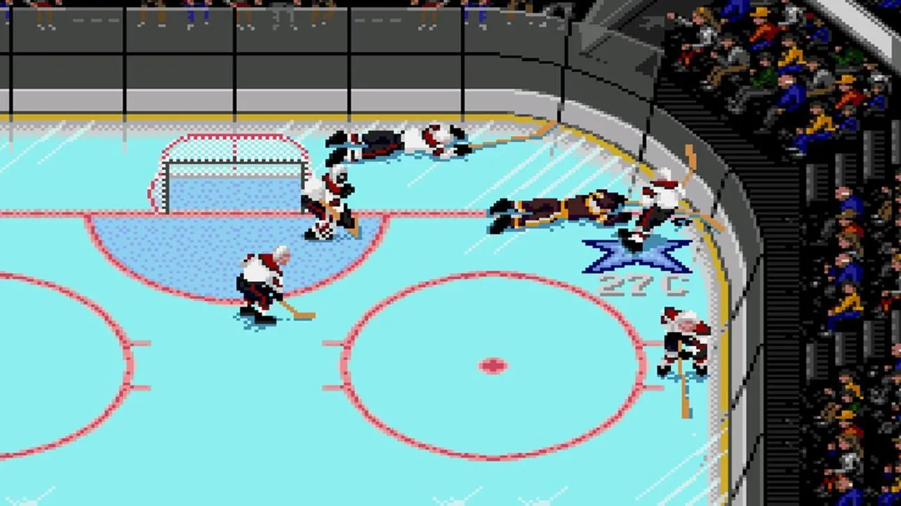 Cảnh gameplay NHL '94 từ góc nhìn dọc, các cầu thủ khúc côn cầu đang ngã trên sân băng sau pha va chạm mạnh
