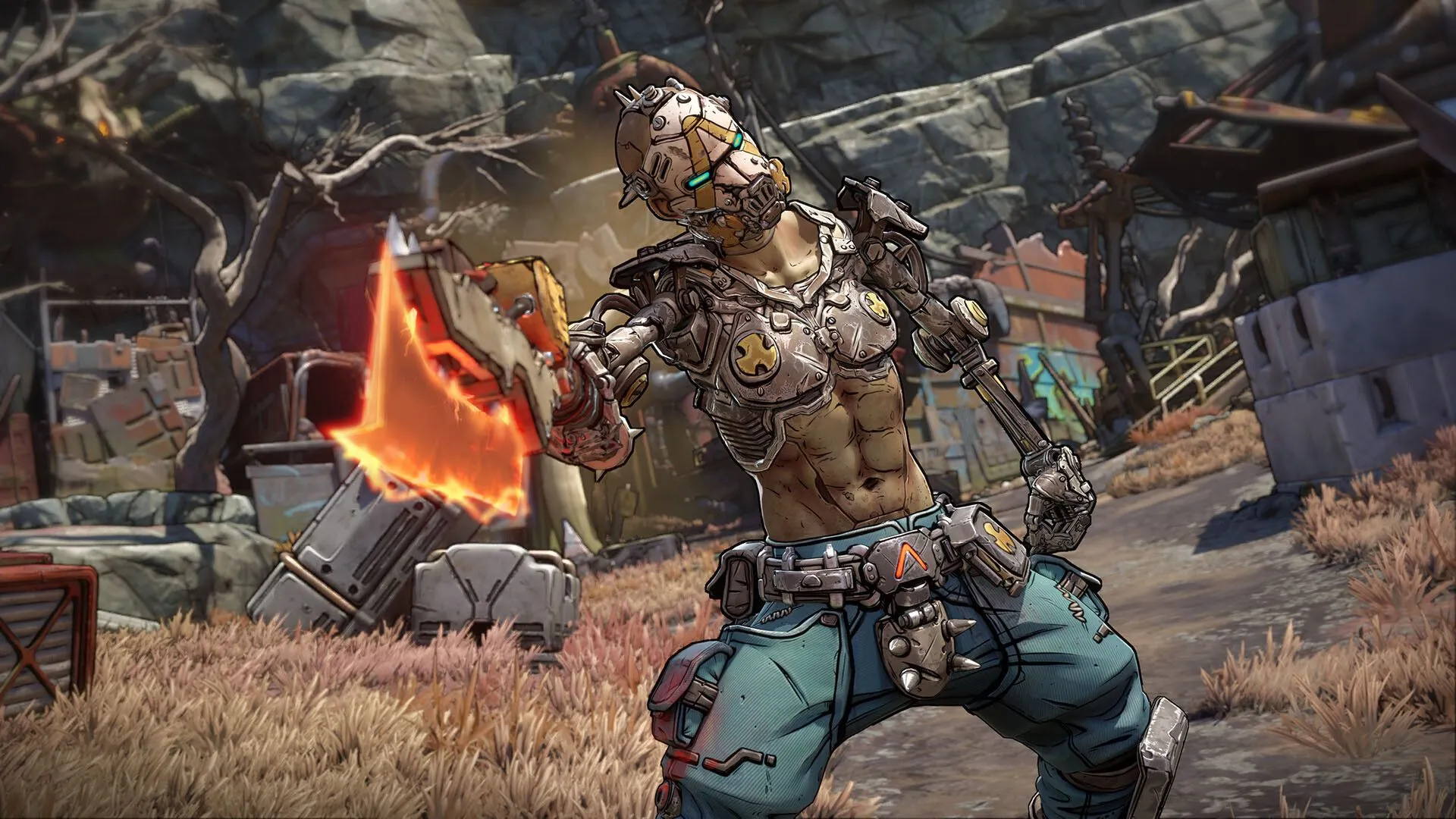 Cảnh hành động đặc trưng của Borderlands 4 với phong cách đồ họa cel-shaded và các hiệu ứng chiến đấu sống động.