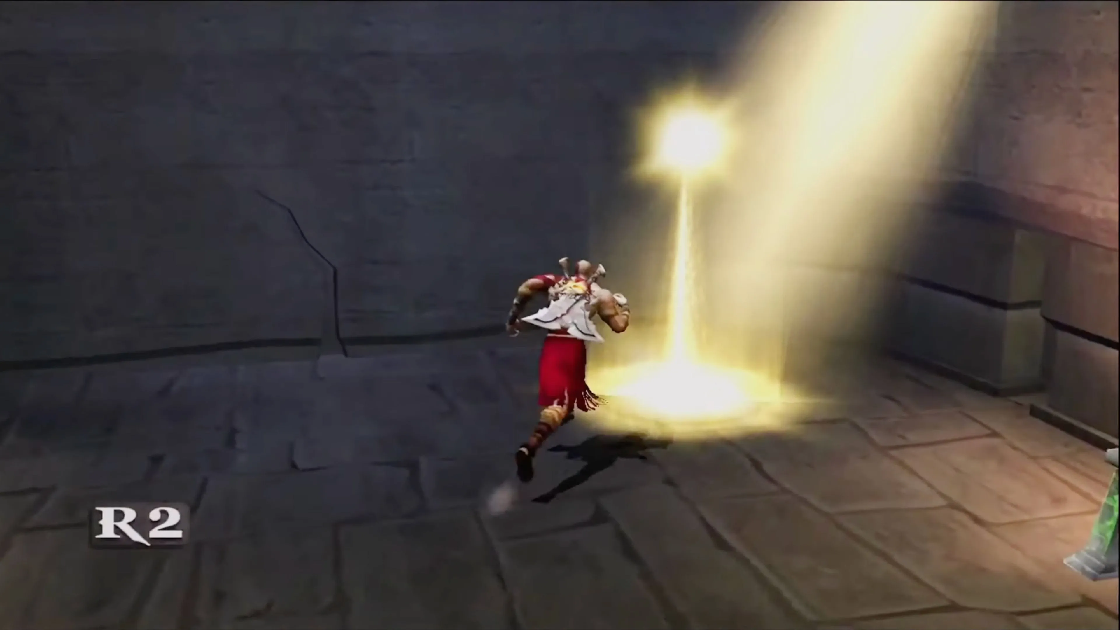 Cảnh Kratos đang chiến đấu với quái vật trong game God of War (2005), thể hiện góc nhìn cố định.
