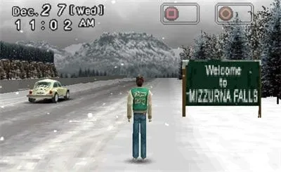 Cảnh lái xe và khám phá thị trấn trong Mizzurna Falls, một yếu tố quan trọng của gameplay thế giới mở.