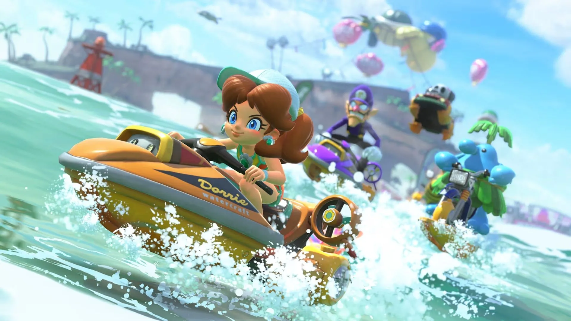 Cảnh Mario và bạn bè trong Mario Kart World, thể hiện sự đa dạng về nhân vật có thể chơi.