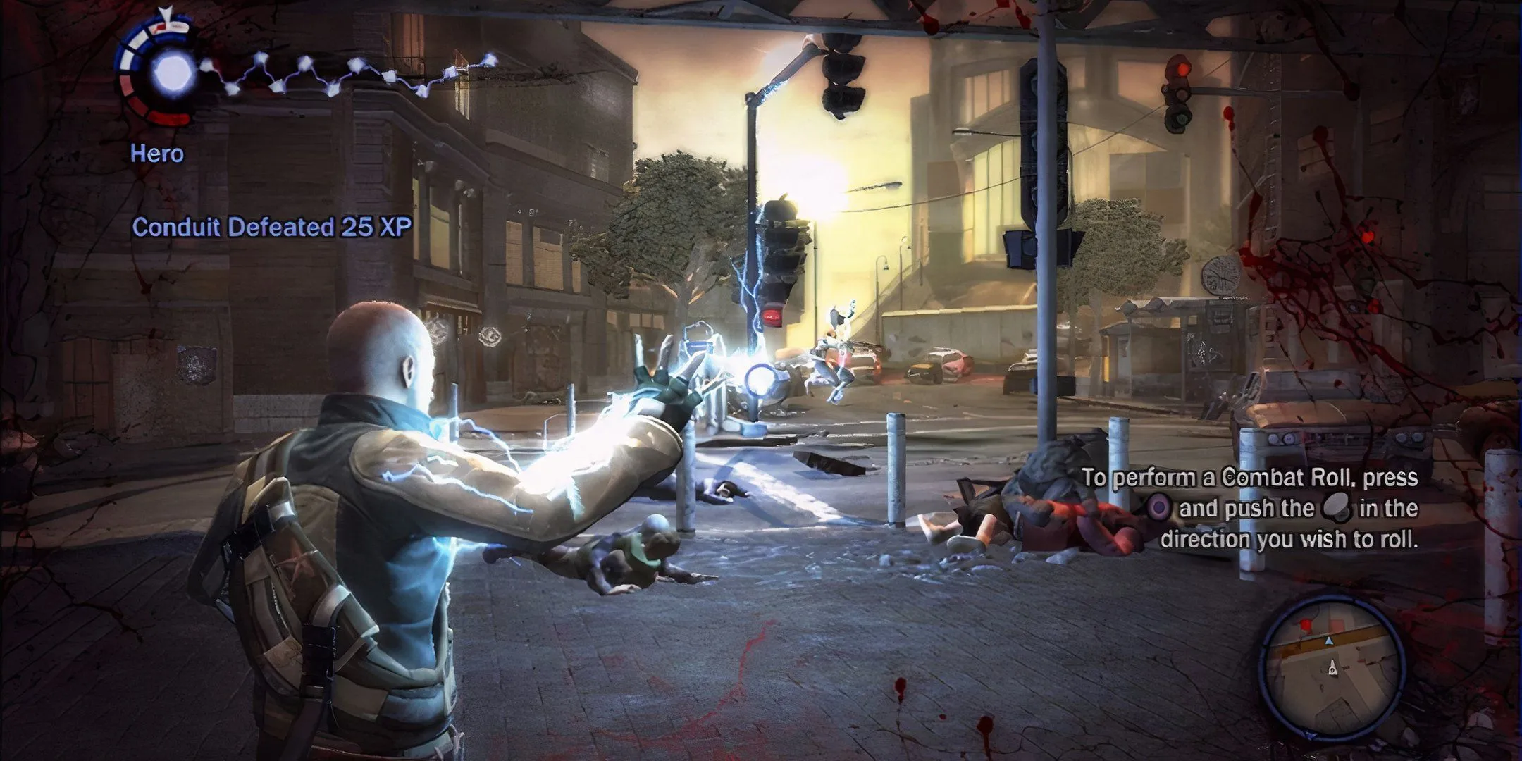 Cảnh nhân vật Cole McGrath trong game Infamous đứng trên nóc tòa nhà, quan sát thành phố.