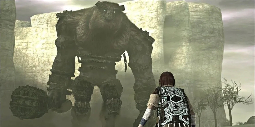 Cảnh nhân vật Wander đối mặt với Valus, Colossus đầu tiên trong Shadow of the Colossus, trong một môi trường rộng lớn.
