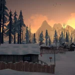 Cảnh quan mùa đông Canada trong game The Long Dark với bình minh rực rỡ