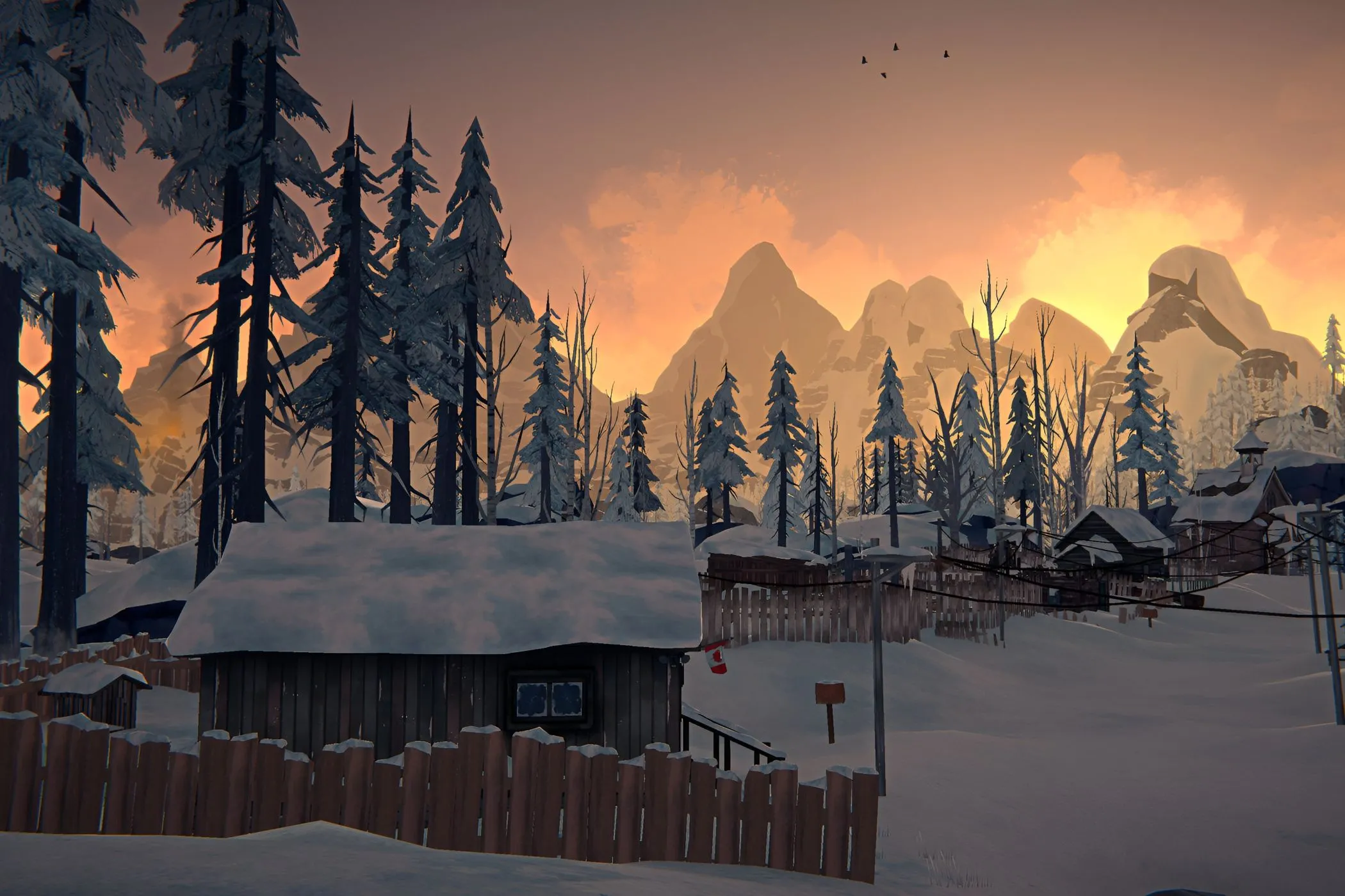 Cảnh quan mùa đông Canada trong game The Long Dark với bình minh rực rỡ