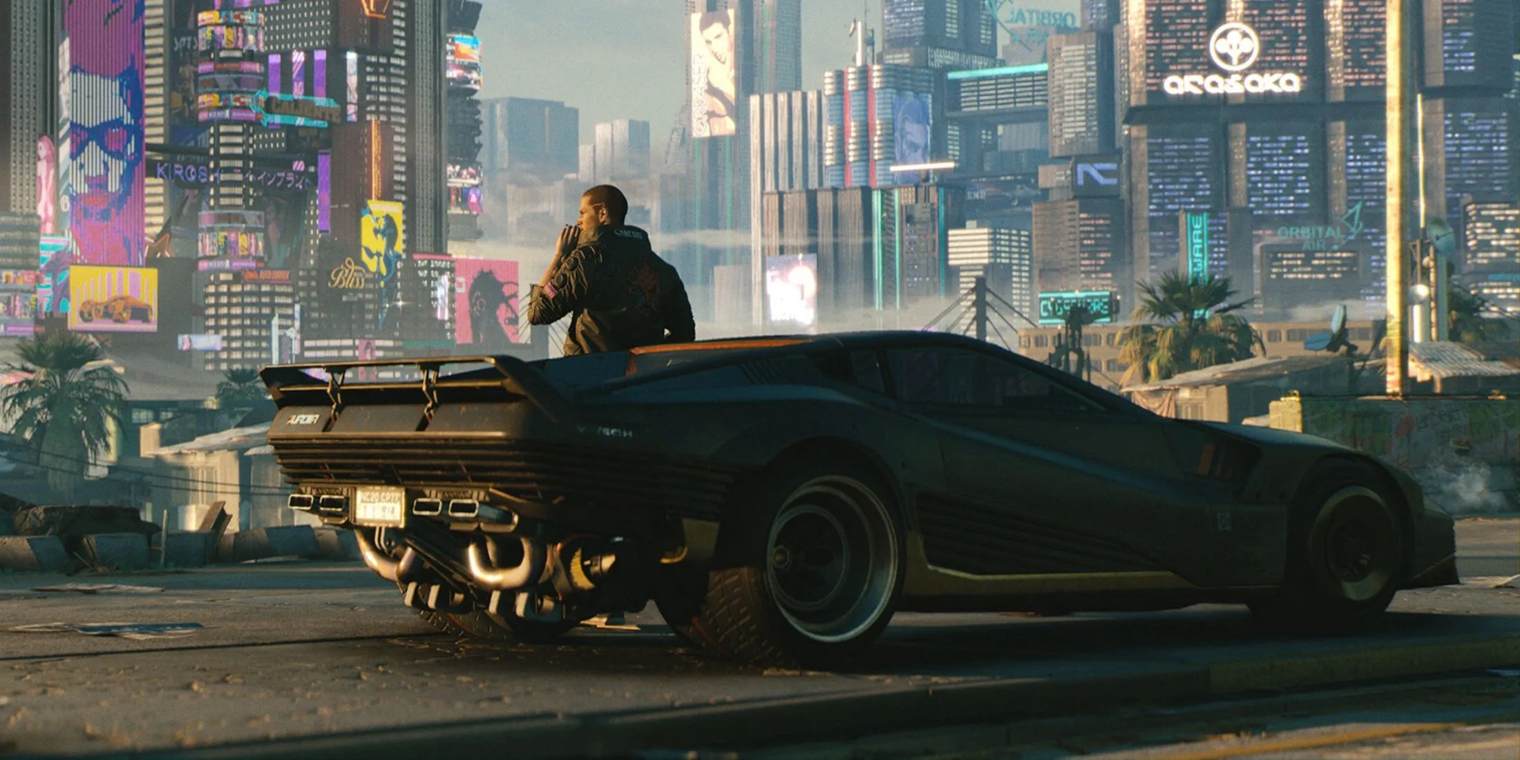 Cảnh quan Night City rực rỡ ánh đèn neon về đêm trong Cyberpunk 2077