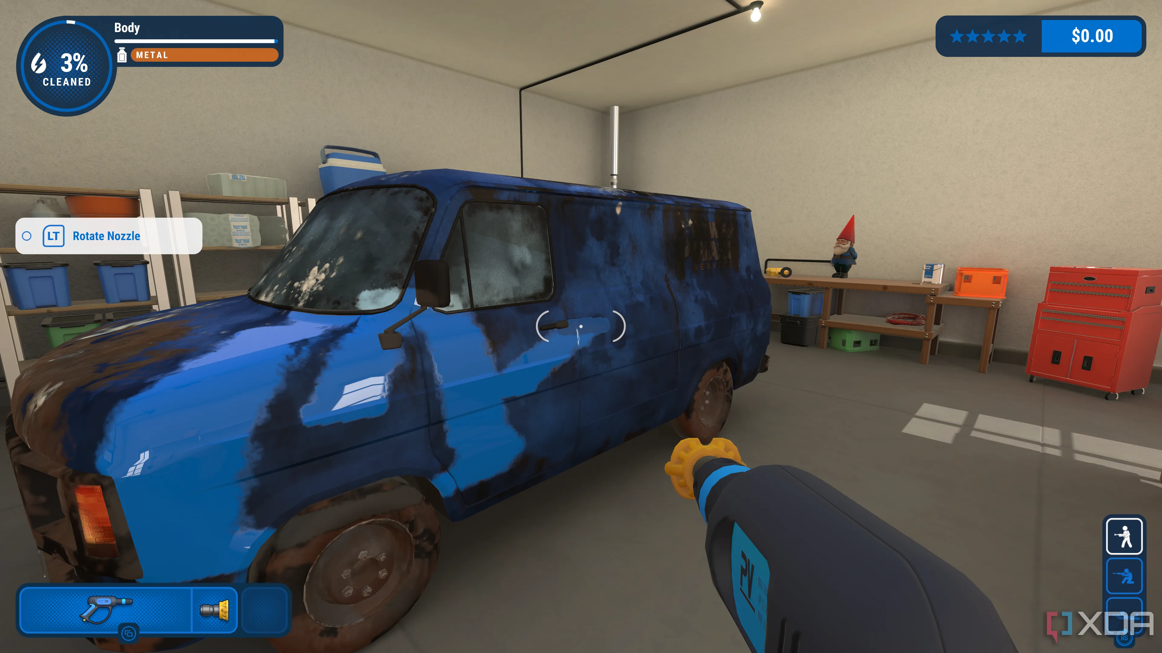 Cảnh rửa xe van trong game PowerWash Simulator, một tựa game giả lập thư giãn phổ biến, đại diện cho game tạo xu hướng trên Steam