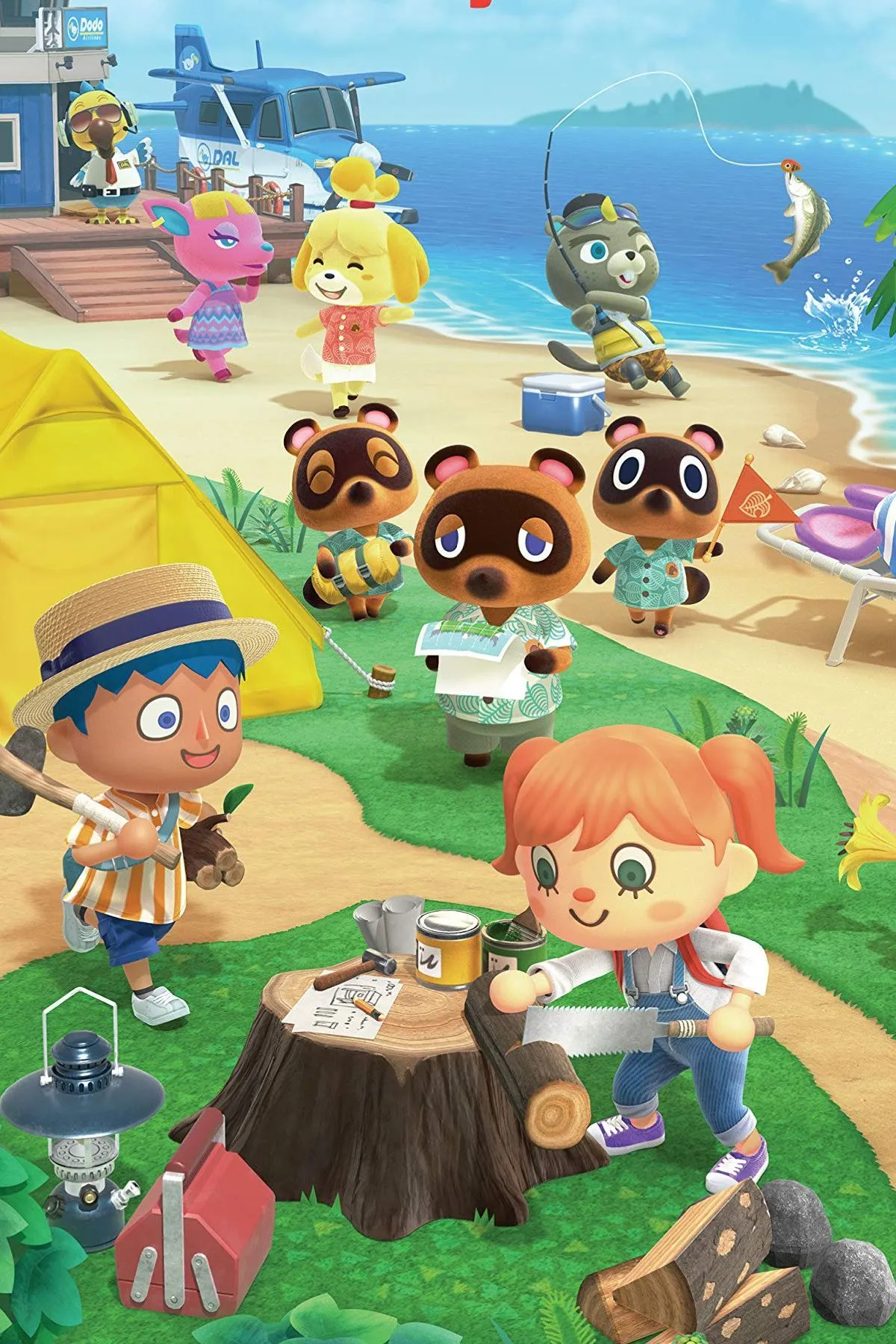 Cảnh sống động trên hòn đảo cá nhân trong Animal Crossing New Horizons, với nhiều nhân vật và hoạt động