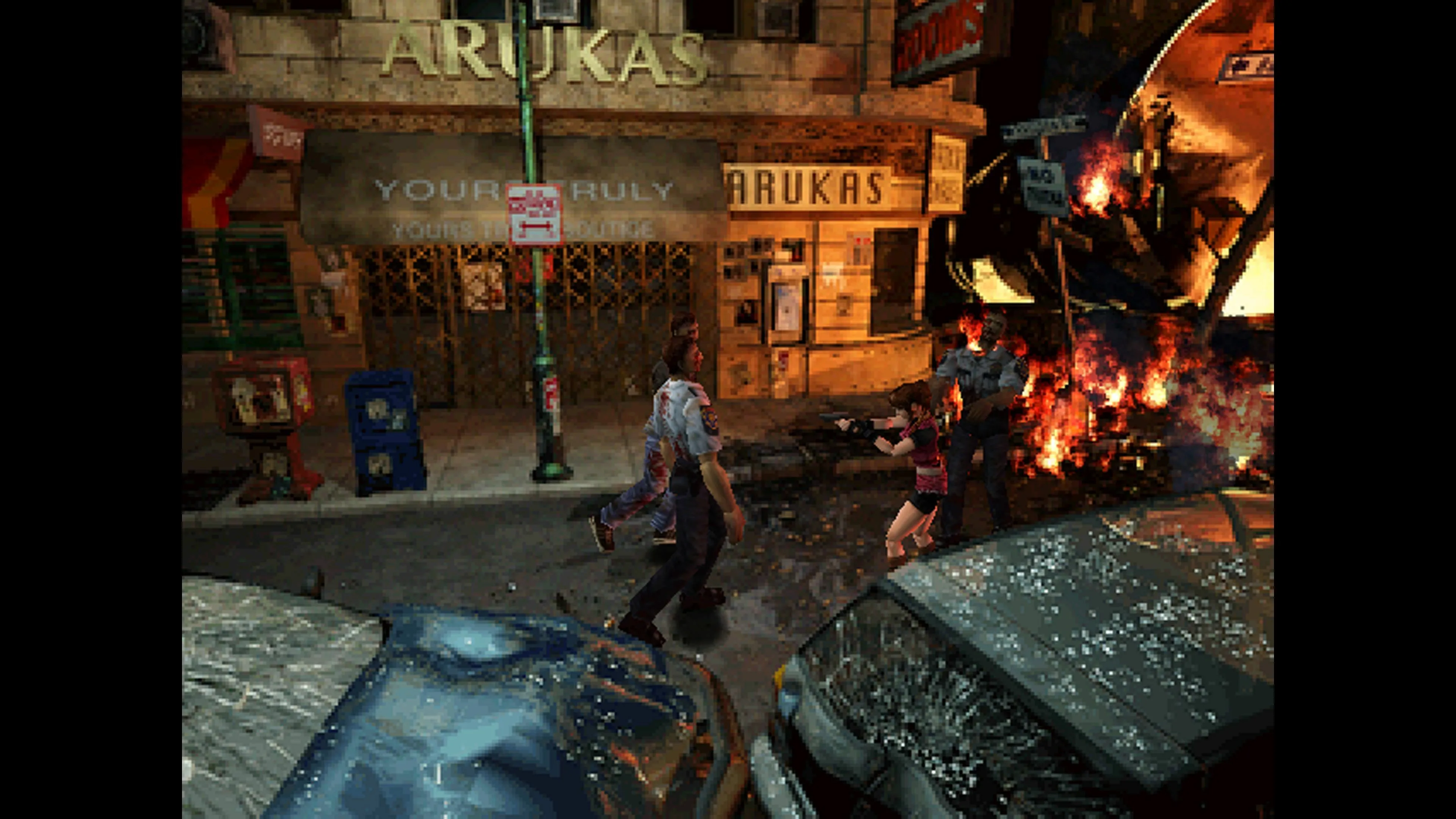 Cảnh trong Resident Evil 2, Claire Redfield chiến đấu với zombie trên đường phố Raccoon City