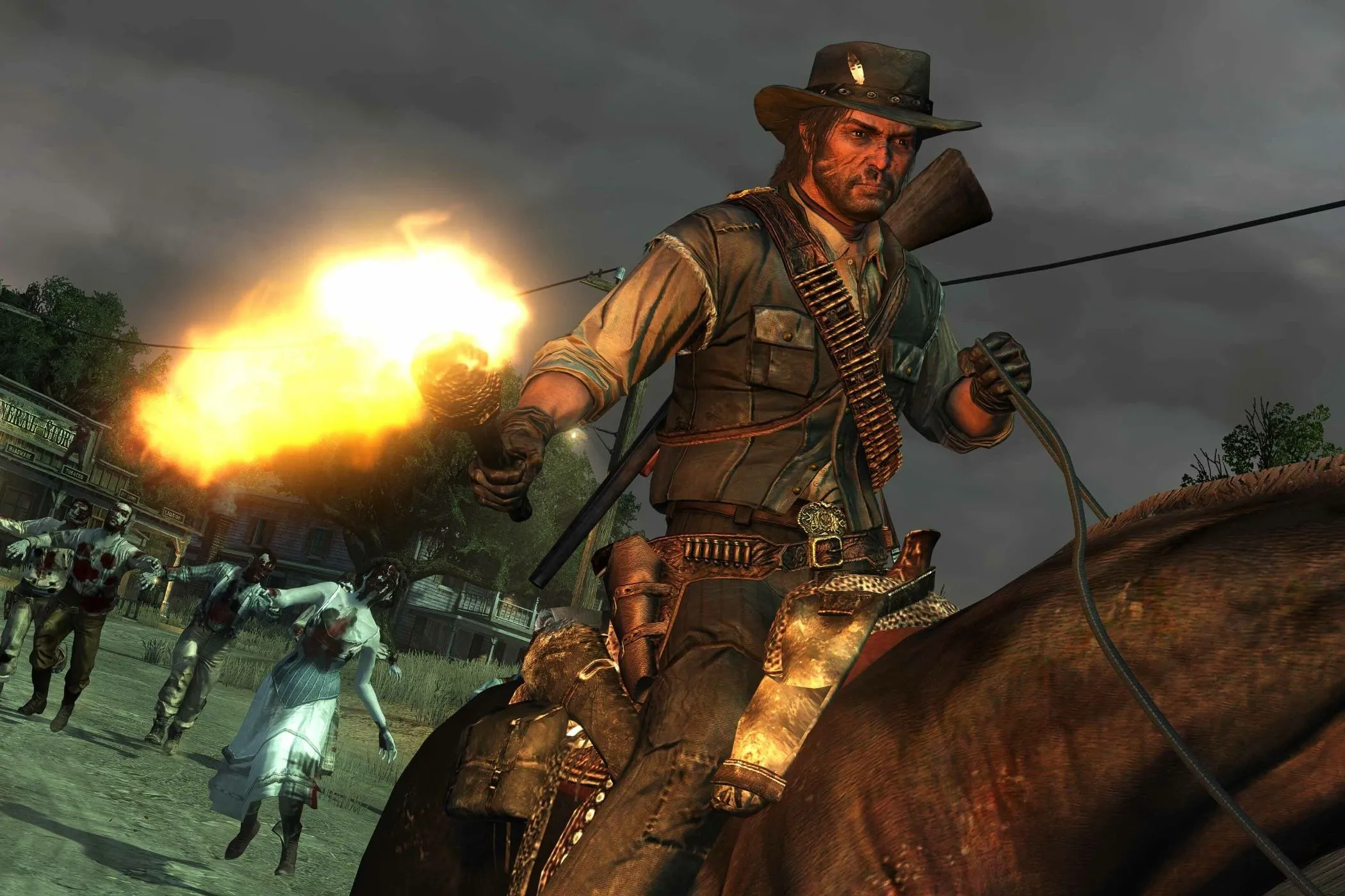 Cảnh tượng kịch tính trong Red Dead Redemption Undead Nightmare: một cao bồi cưỡi ngựa cầm đuốc rực cháy đối mặt với zombie, minh họa gameplay đặc sắc của tựa game kinh điển này