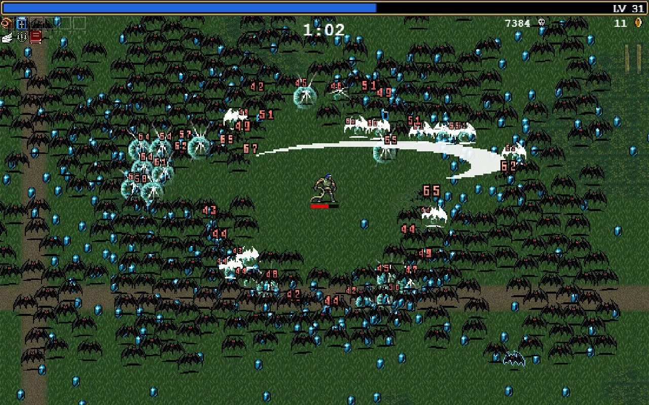 Cảnh tượng nhóm dơi bị tiêu diệt trong game Vampire Survivors.