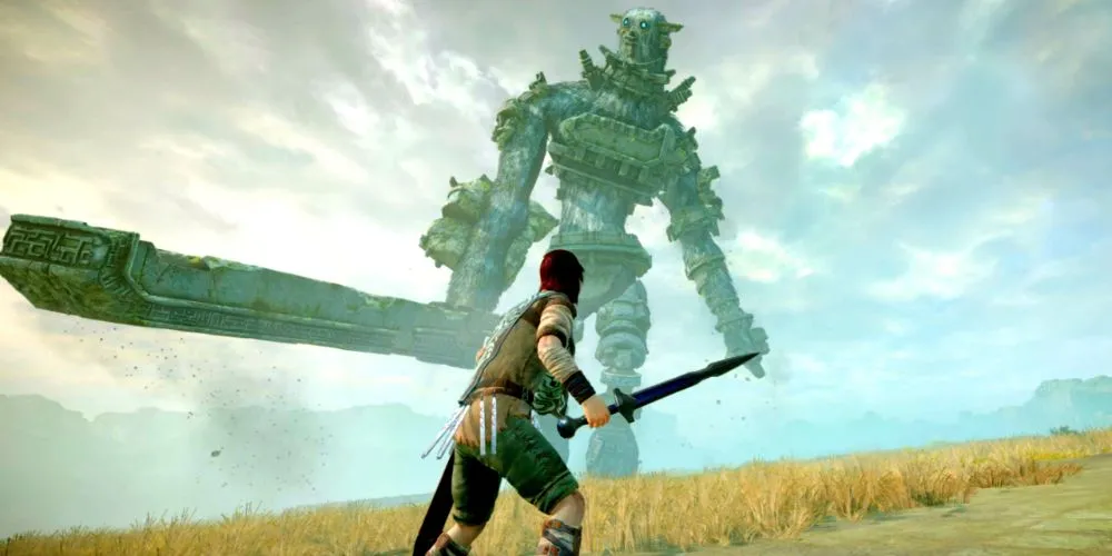 Cảnh Wander và Colossus trong một trận chiến mãn nhãn của Shadow of the Colossus.