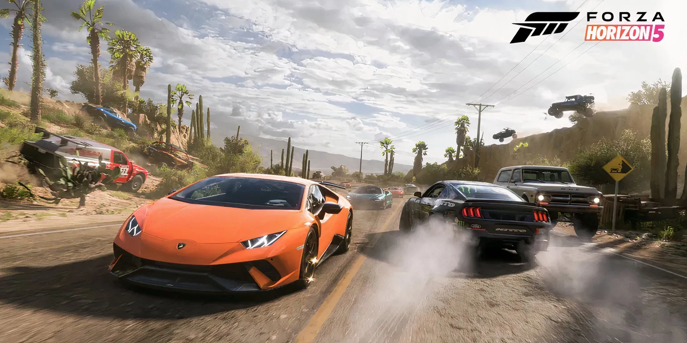 Cảnh xe đua thể thao lao vun vút trên sa mạc trong Forza Horizon 5, game offline đồ họa ấn tượng