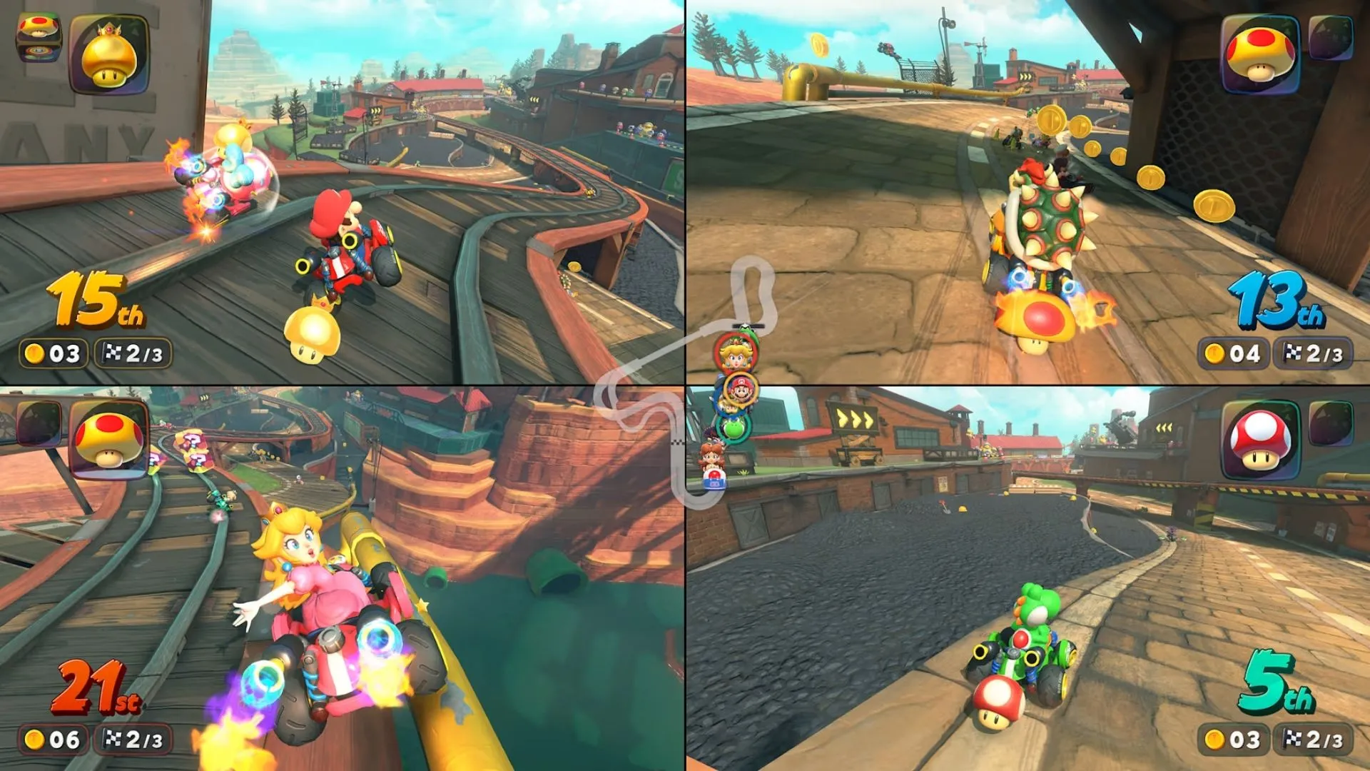 Cảnh Yoshi đang lái xe trong Mario Kart World, thể hiện phong cách nghệ thuật đặc trưng của Nintendo.
