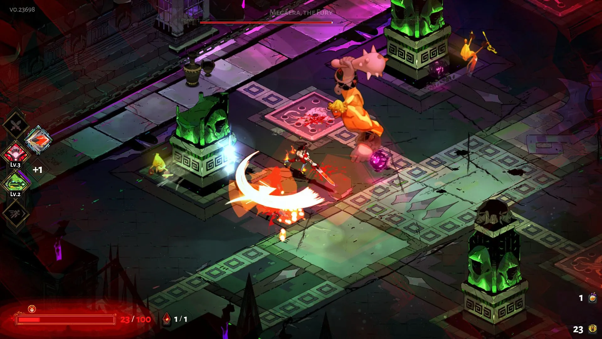 Cảnh Zagreus và Megara đang đối thoại trong Hades, hiển thị giao diện hội thoại của game