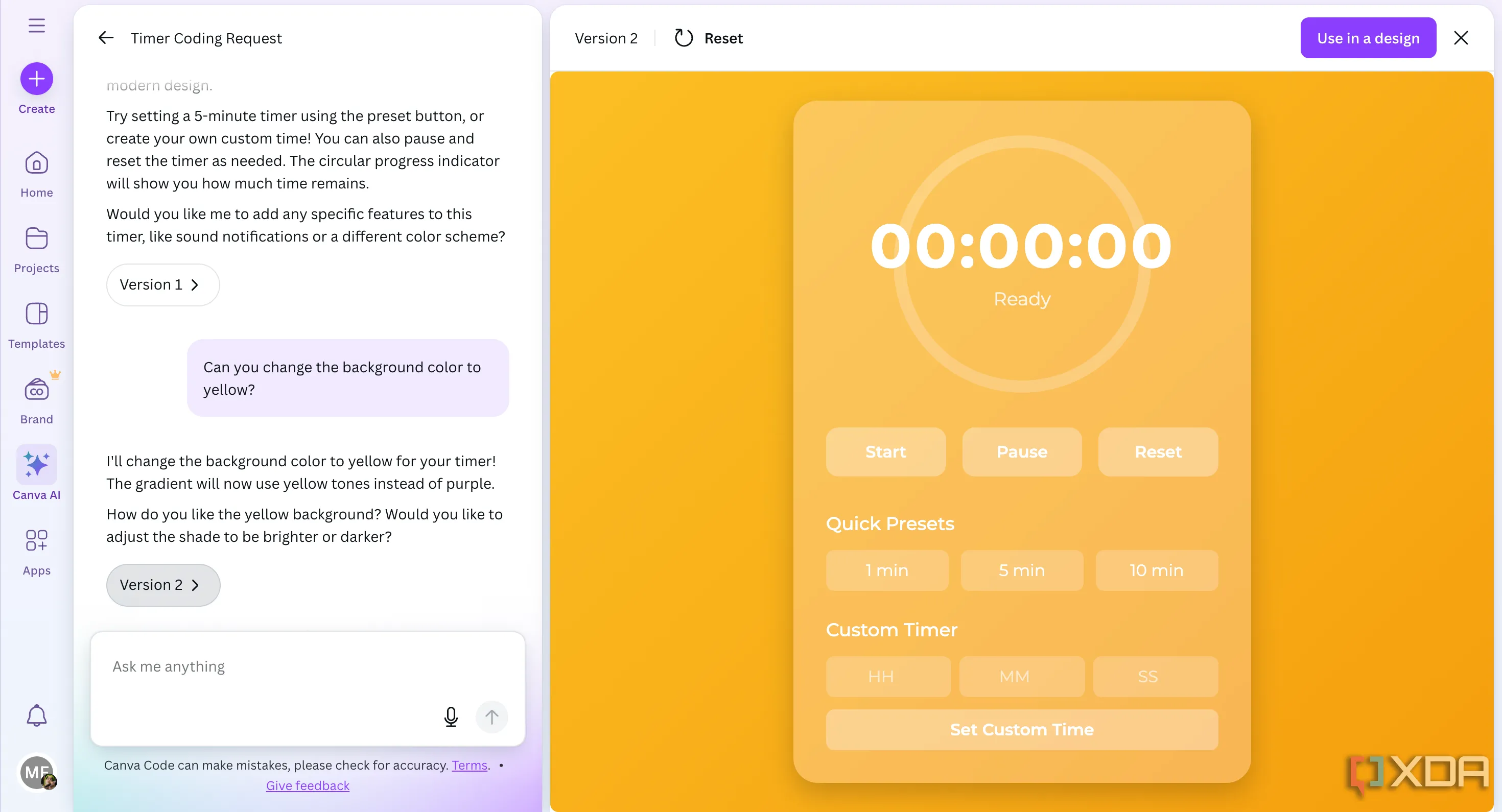 Canva Code tinh chỉnh bộ đếm thời gian từ màu tím sang màu vàng theo phản hồi của người dùng, minh chứng khả năng tùy biến đầu ra.