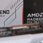 Card đồ họa ASRock Radeon RX 9070 XT Steel Legend với thiết kế hộp đặc trưng, thể hiện hiệu năng tầm trung ấn tượng của AMD.