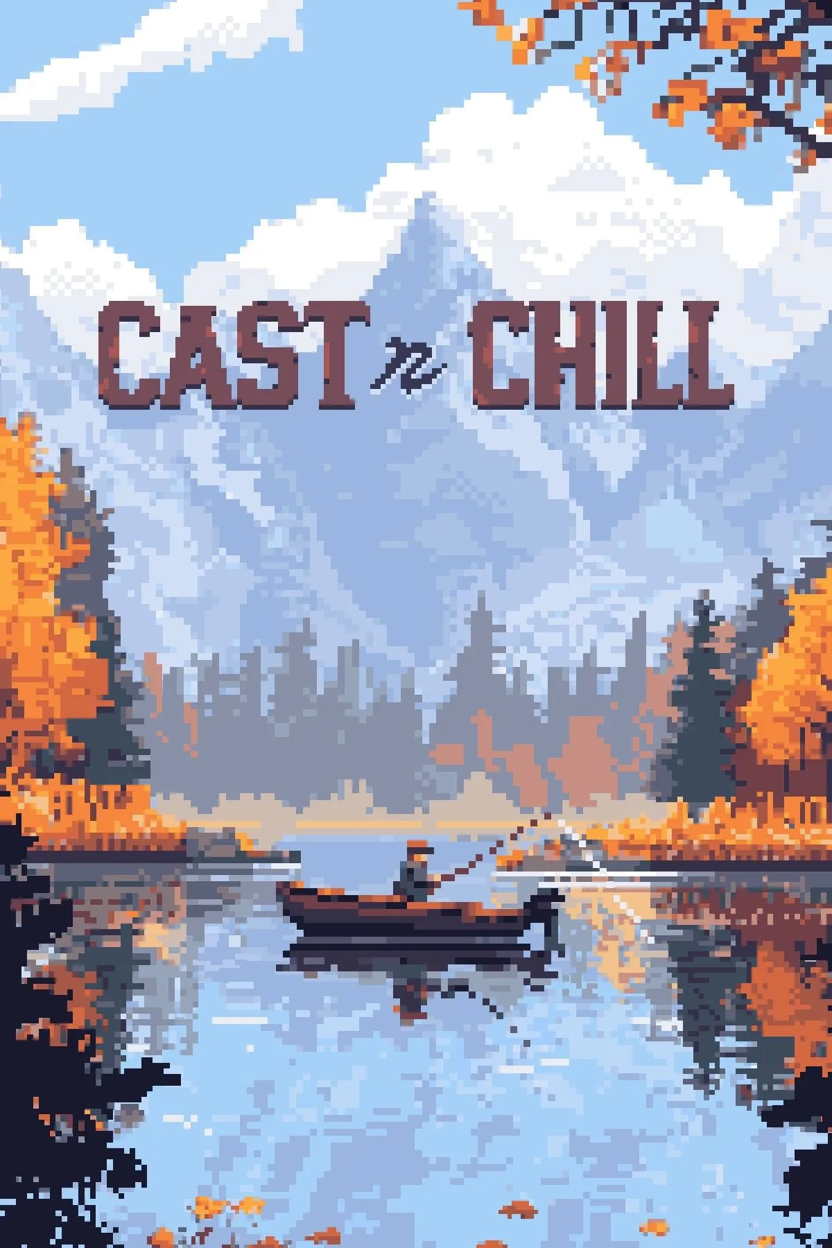 Cast n Chill box art showing a person and a dog fishing on a pixel art lake.