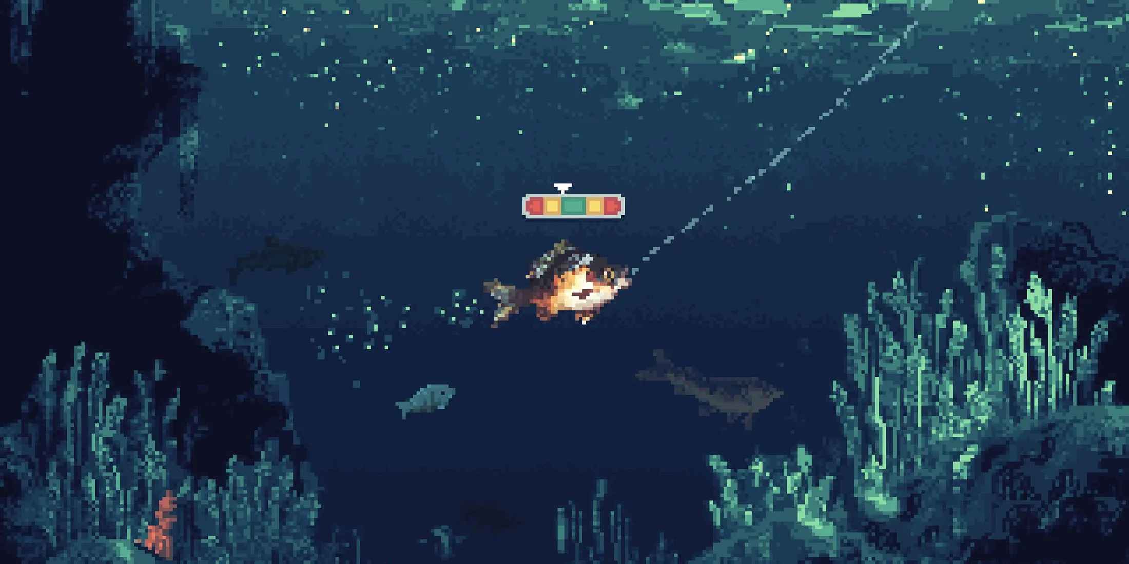 Cast n Chill gameplay showing a character catching a fish with a fishing rod.