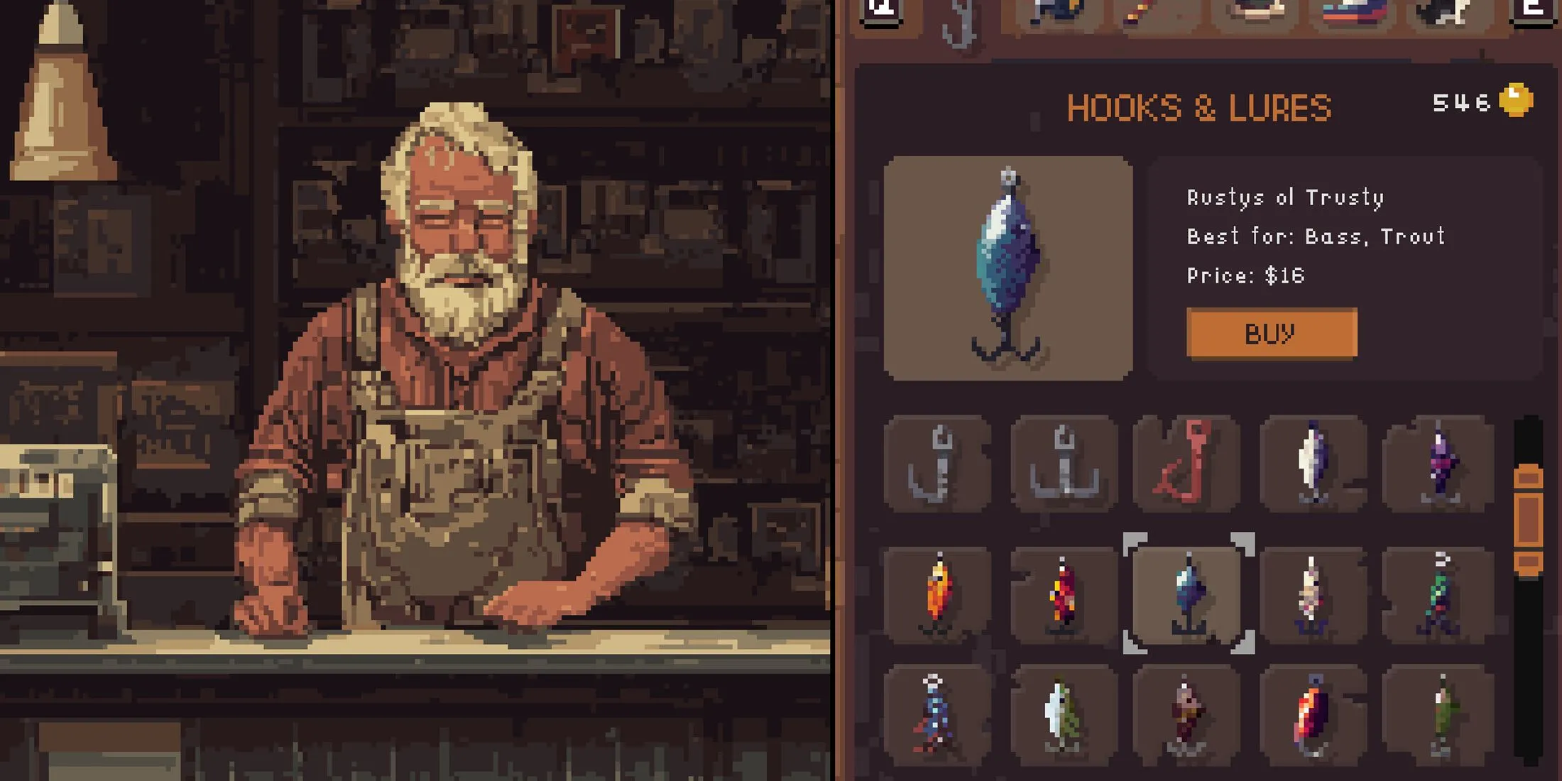 Cast n Chill in-game shop displaying various hooks and lures for sale.