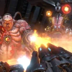 Chế độ chơi mạng Battlemode trong Doom Eternal, với Doom Slayer đối đầu ba con quỷ