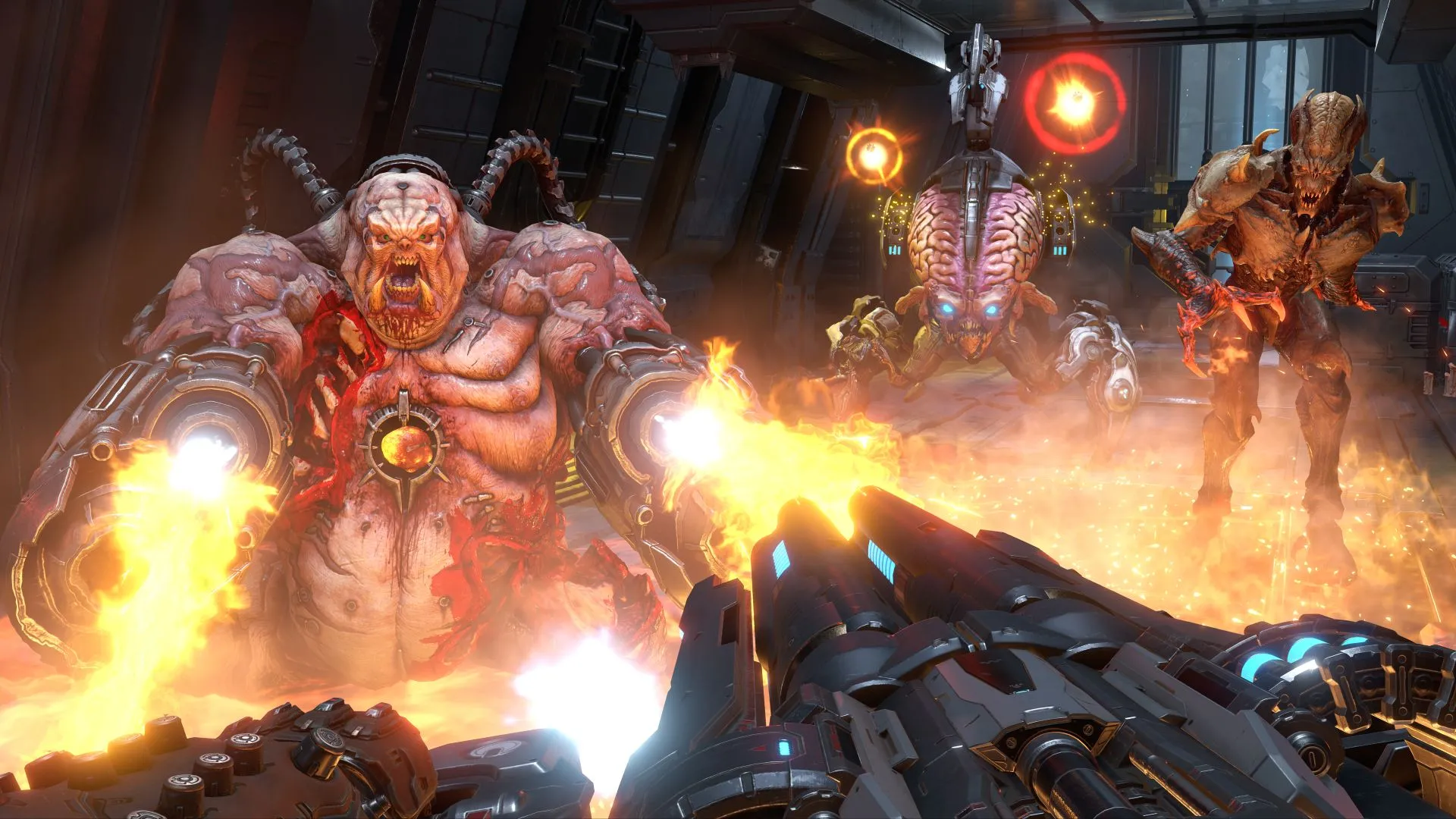 Chế độ chơi mạng Battlemode trong Doom Eternal, với Doom Slayer đối đầu ba con quỷ