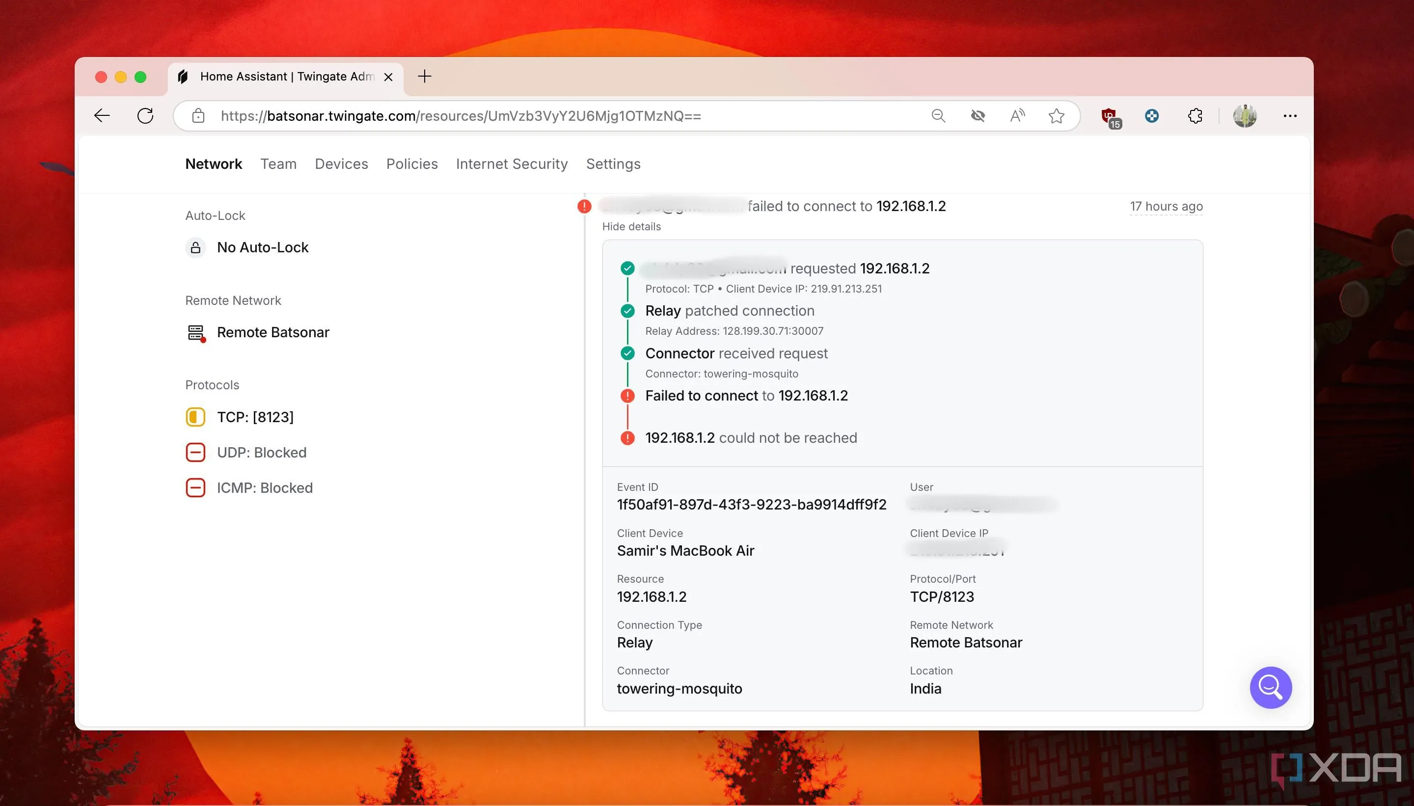 Chế độ xem chi tiết nhật ký hoạt động khách hàng (Client Activity logs) trong Twingate, hiển thị các sự kiện và thông tin truy cập mạng