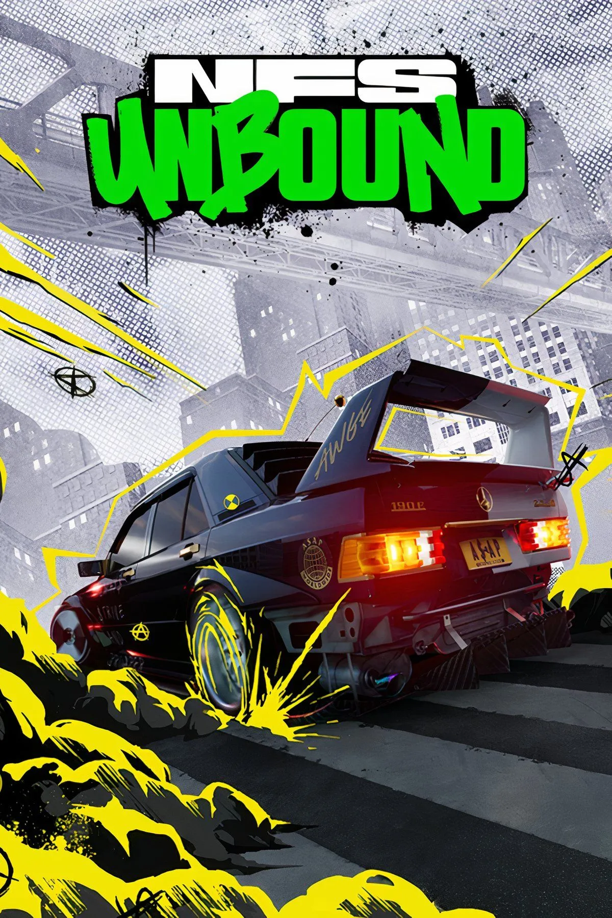 Chiếc xe được tùy biến trong Need for Speed Unbound với hiệu ứng cel-shaded đặc trưng, thể hiện phong cách đồ họa độc đáo của game