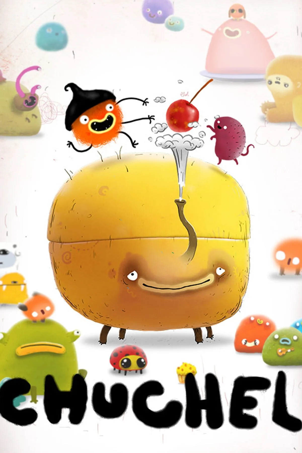 Chuchel game bìa chính thức trên Epic Games Store với nhân vật Chuchel màu cam và chiếc cherry.