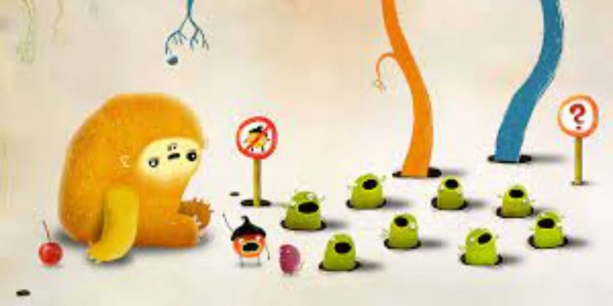 Chuchel tương tác với môi trường và một sinh vật lạ, thể hiện tính phiêu lưu và giải đố của game.