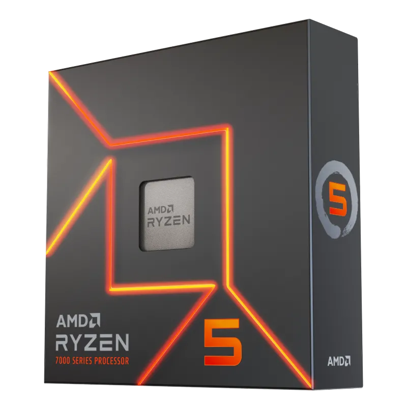 CPU AMD Ryzen 5 7600 hiển thị trên nền trong suốt, minh họa hiệu quả năng lượng vượt trội so với Intel Arrow Lake.
