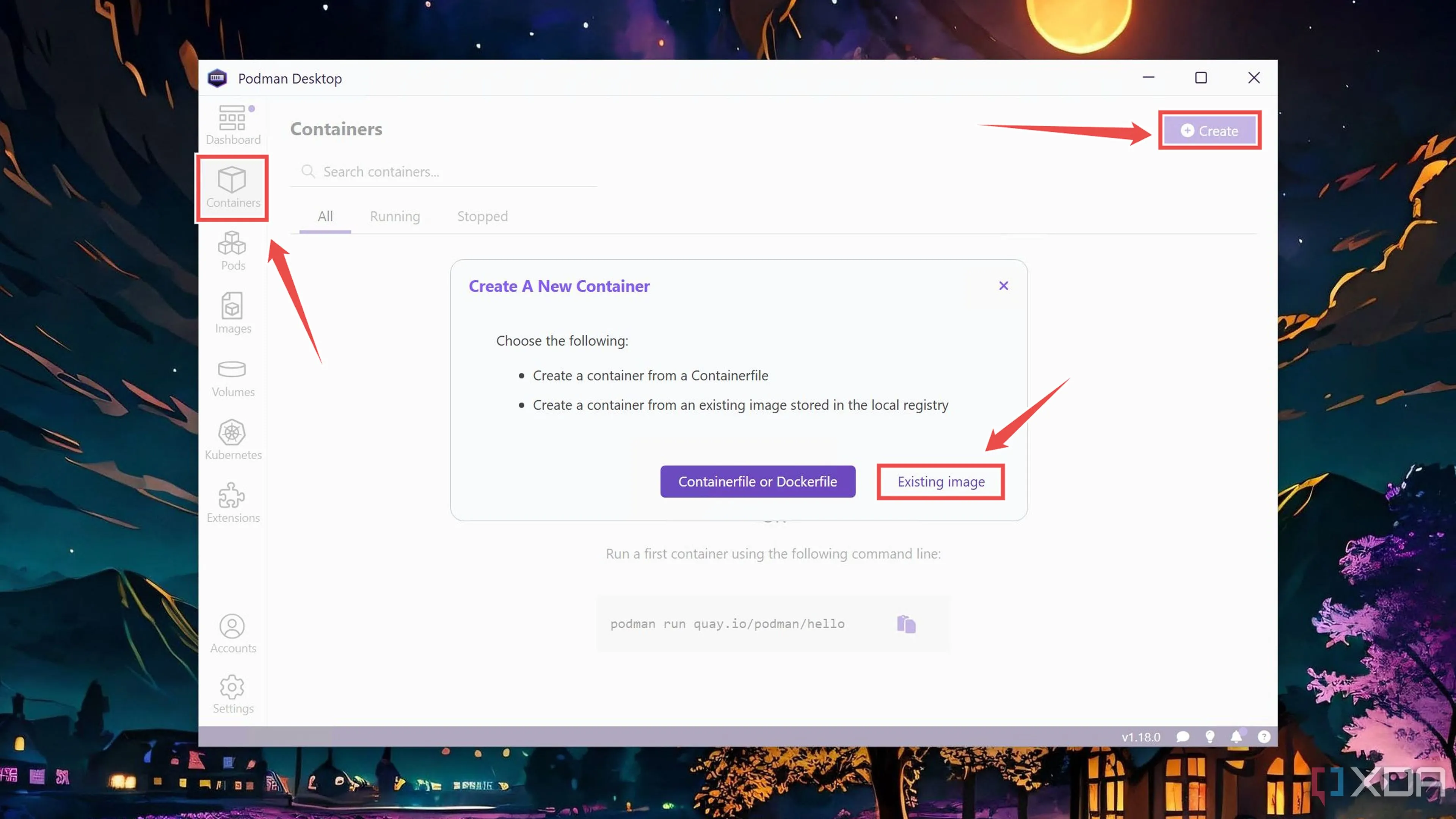 Cửa sổ &quot;Create a New Container&quot; trong Podman Desktop, với tùy chọn &quot;Existing image&quot; được chọn để tạo container từ image có sẵn.