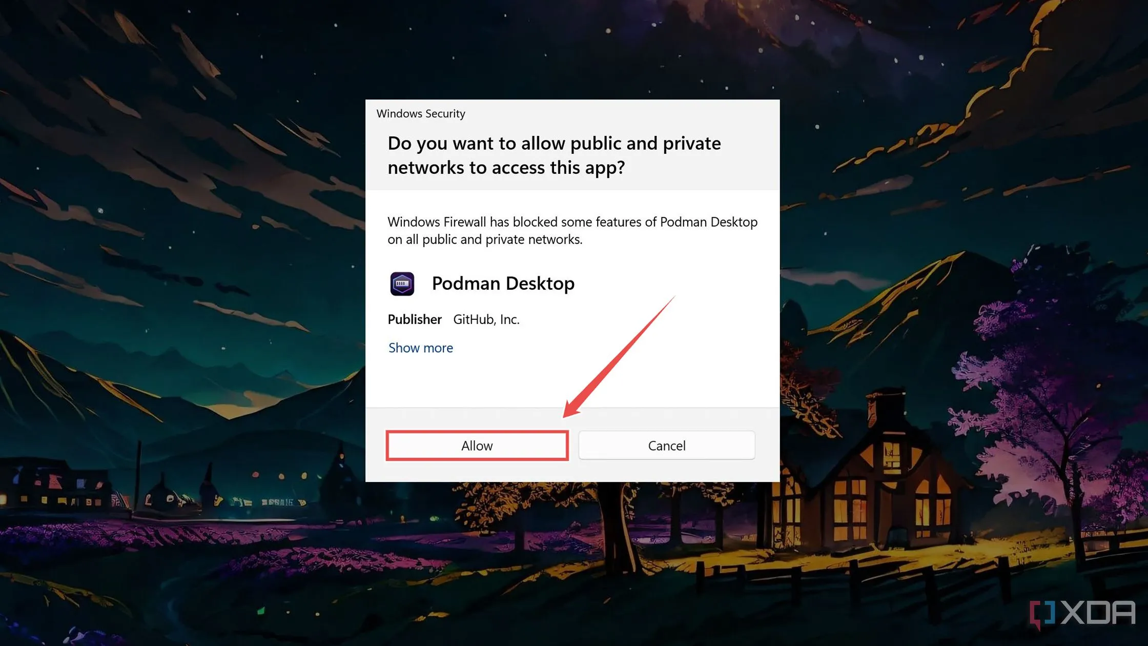 Cửa sổ Windows Security hỏi quyền cho phép Podman Desktop truy cập mạng riêng tư và công cộng.