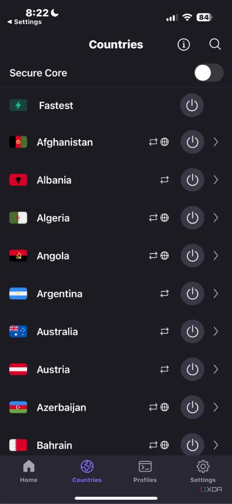 Danh sách các quốc gia máy chủ trên ứng dụng di động Proton VPN, giúp người dùng dễ dàng lựa chọn.