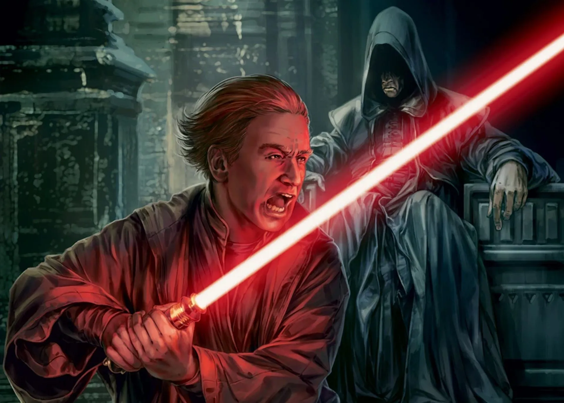 Darth Plagueis huấn luyện Emperor Palpatine trong một hình ảnh từ sách Jedi vs. Sith: The Essential Guide to the Force, minh họa mối quan hệ thầy trò Sith.