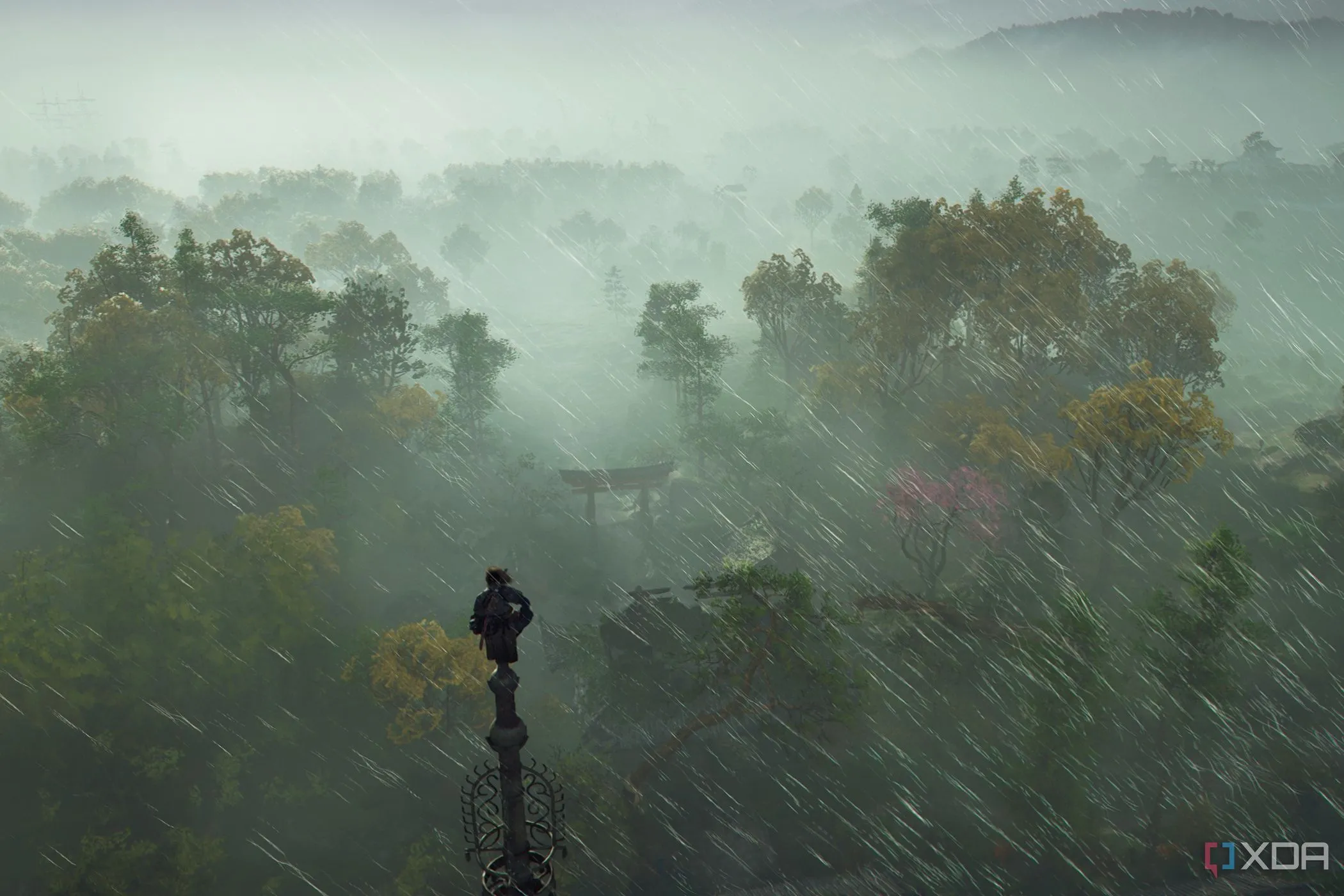 Điểm quan sát (Viewpoint) dưới mưa trong Assassin's Creed Shadows, mở khóa khu vực bản đồ mới và điểm dịch chuyển nhanh.