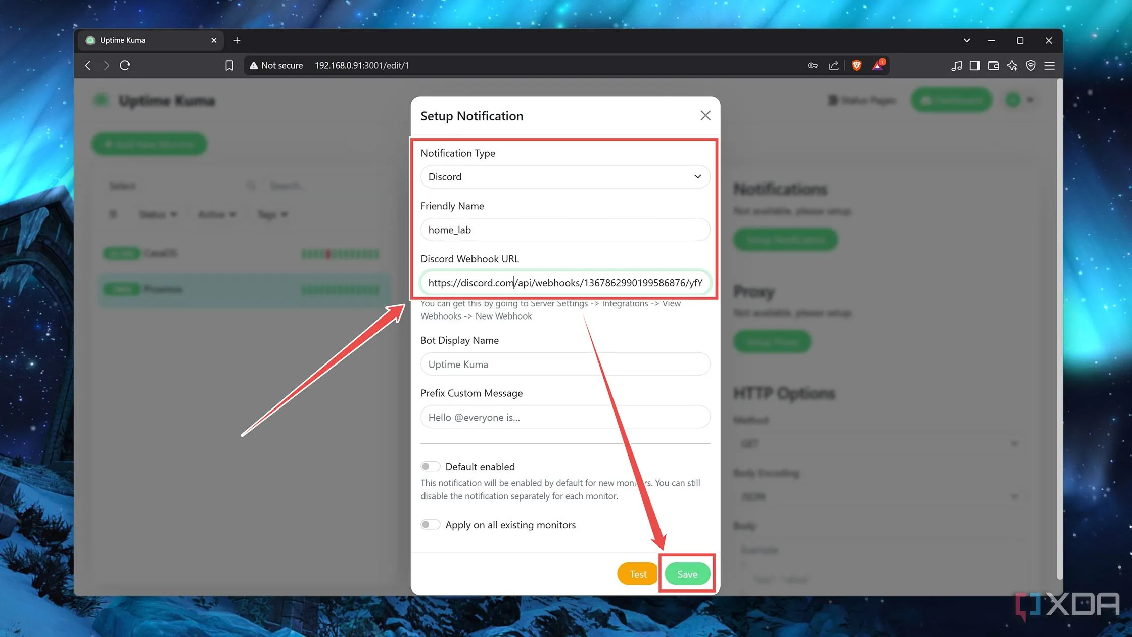Điền thông tin cấu hình cho cảnh báo Uptime Kuma, bao gồm loại thông báo, tên và URL Webhook.