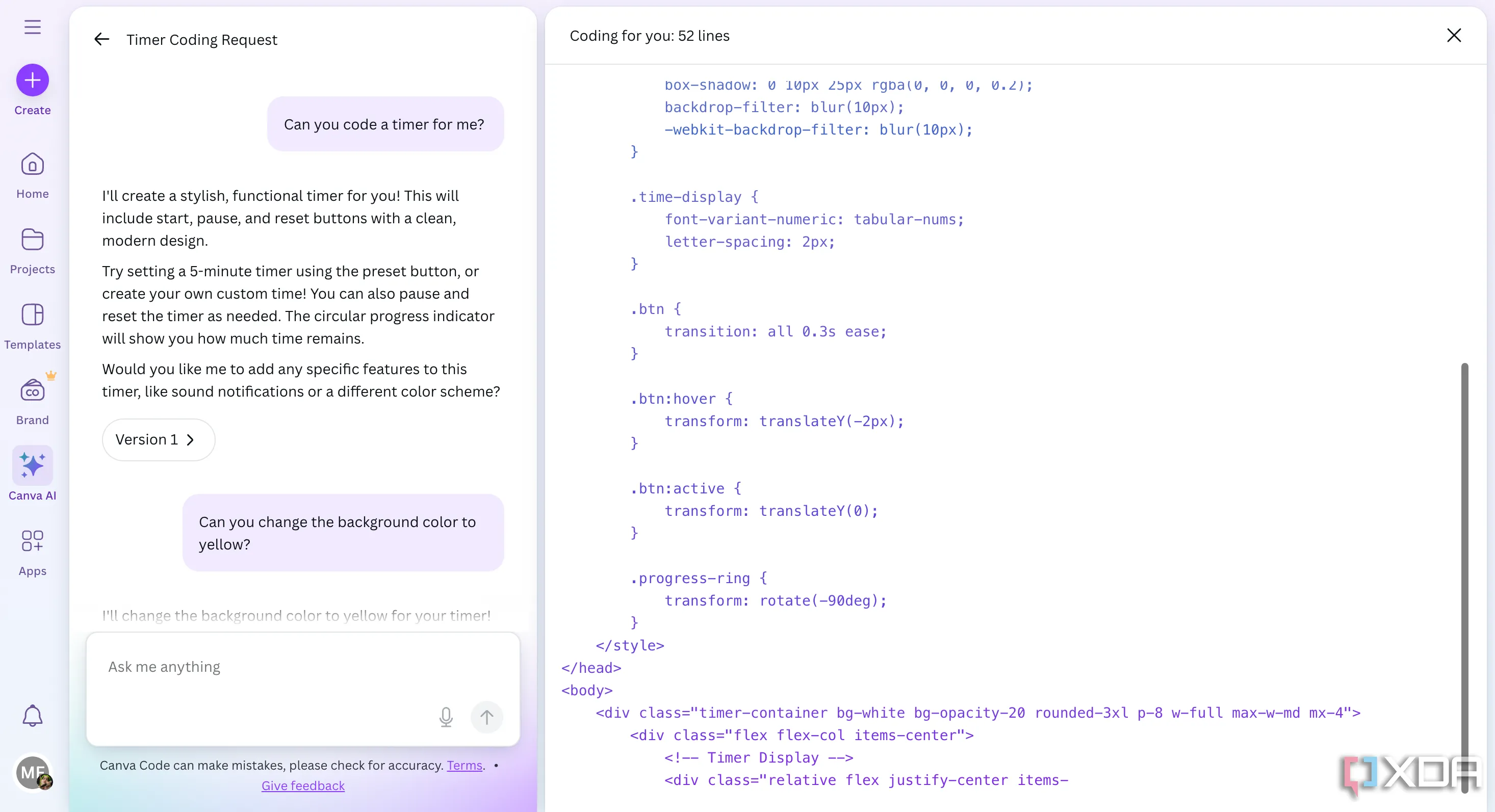 Đoạn mã code được tạo bởi Canva Code, cho phép người dùng có kinh nghiệm chỉnh sửa trực tiếp để đạt được kết quả mong muốn.