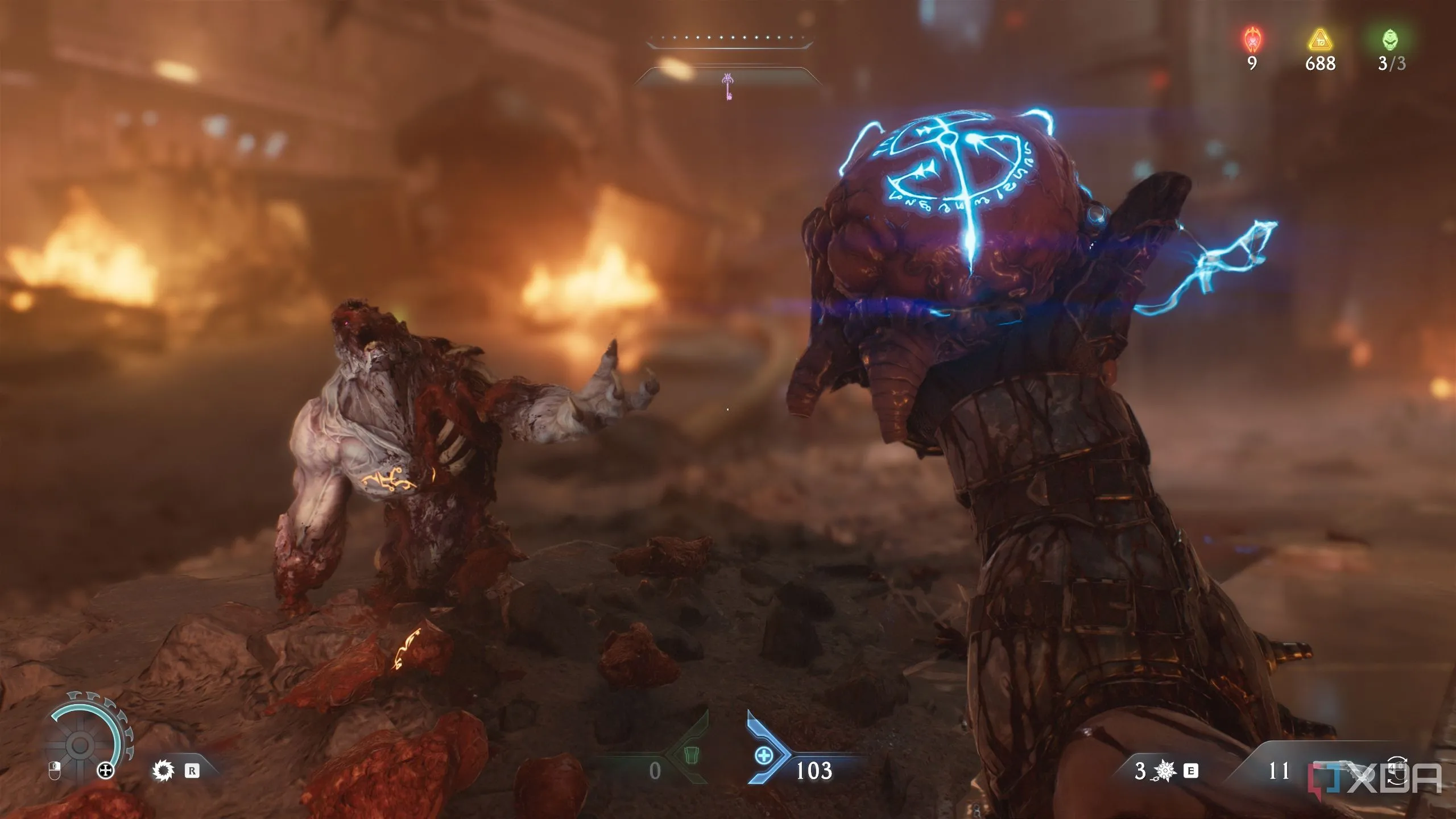 Doom Slayer đang giữ một viên Demonic Essence để tăng máu tối đa trong Doom The Dark Ages Chapter 7