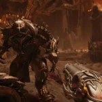 Doom Slayer điều khiển cơ giáp khổng lồ chiến đấu chống quỷ dữ trong Doom The Dark Ages