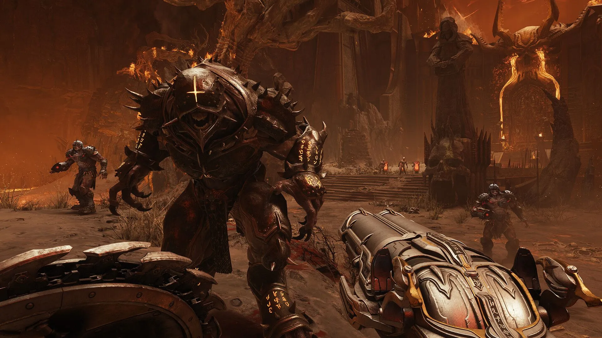 Doom Slayer đối mặt với quái vật khổng lồ trong bối cảnh techno-medieval