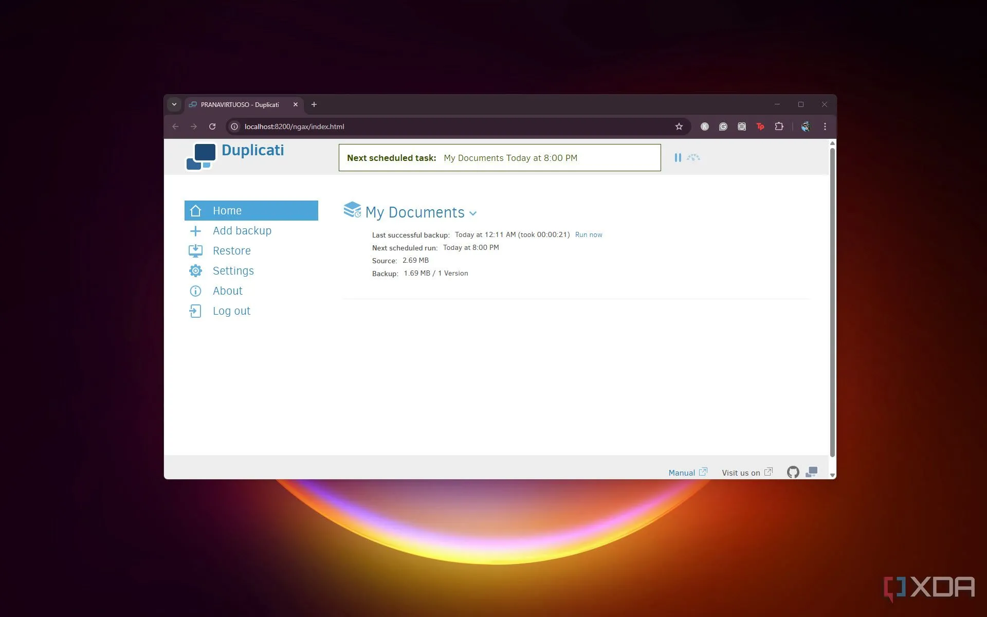 Duplicati trên máy tính Windows với giao diện web đang hiển thị các tùy chọn sao lưu